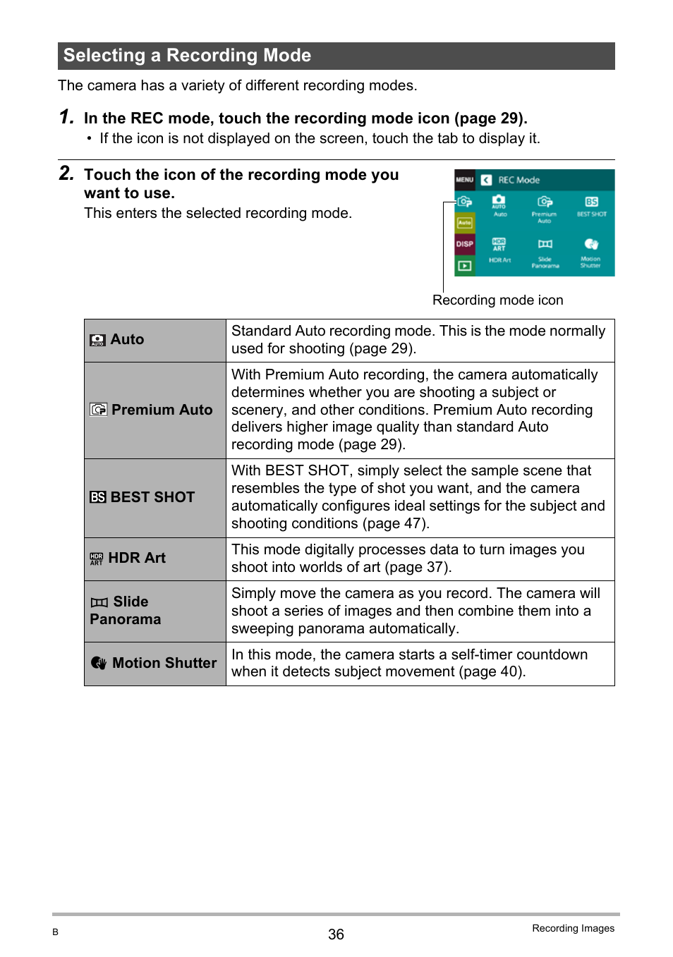Selecting a recording mode | Casio TRYX EX-TR100 User Manual | Page 36 / 127