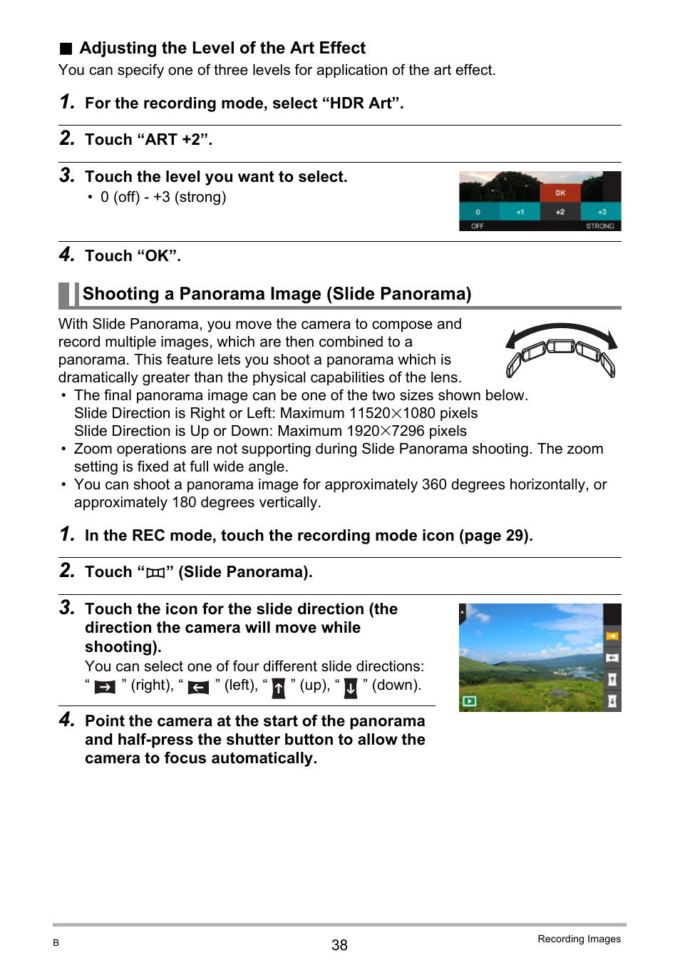 Shooting a panorama image (slide panorama) | Casio TRYX EX-TR100 User Manual | Page 38 / 127