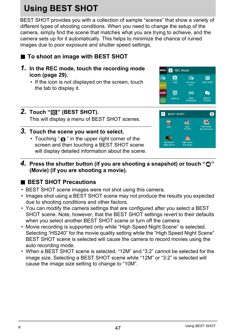 Using best shot | Casio TRYX EX-TR100 User Manual | Page 47 / 127