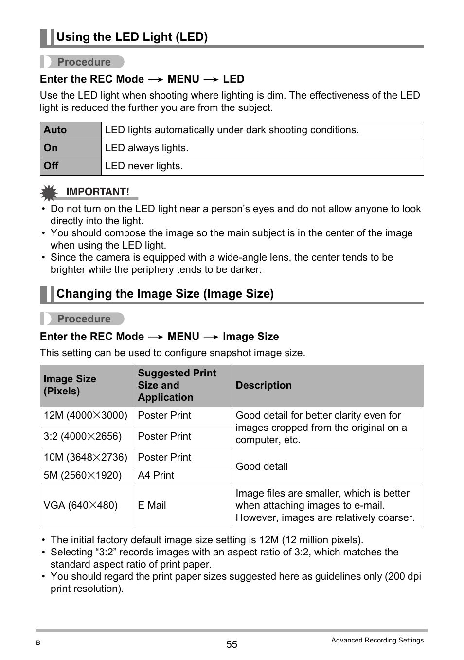Using the led light (led), Changing the image size (image size), Ge 55 for | Casio TRYX EX-TR100 User Manual | Page 55 / 127