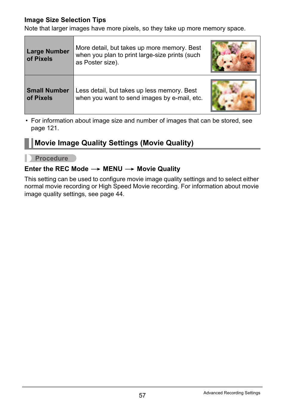 Movie image quality settings (movie quality) | Casio TRYX EX-TR100 User Manual | Page 57 / 127