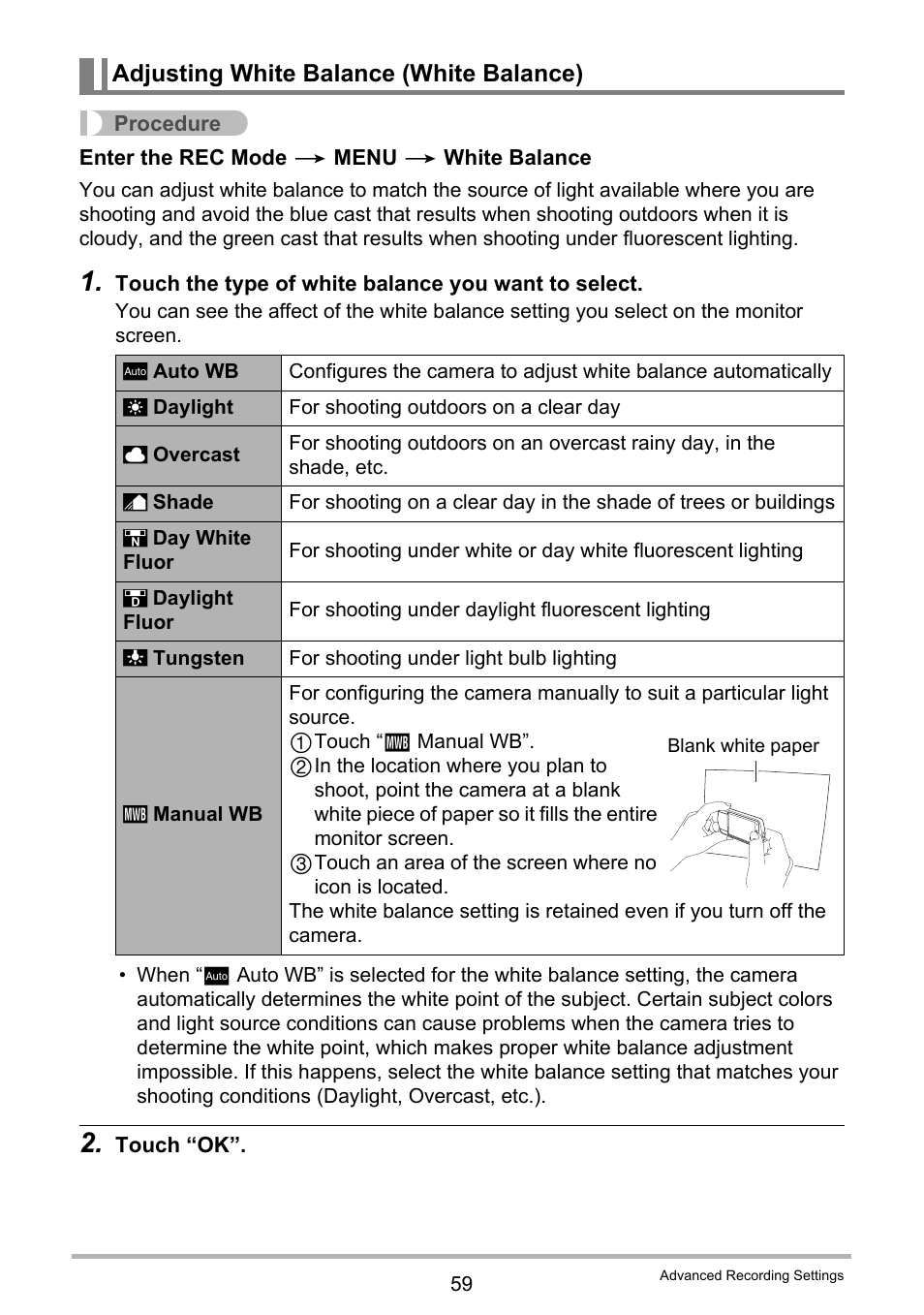 Adjusting white balance (white balance) | Casio TRYX EX-TR100 User Manual | Page 59 / 127