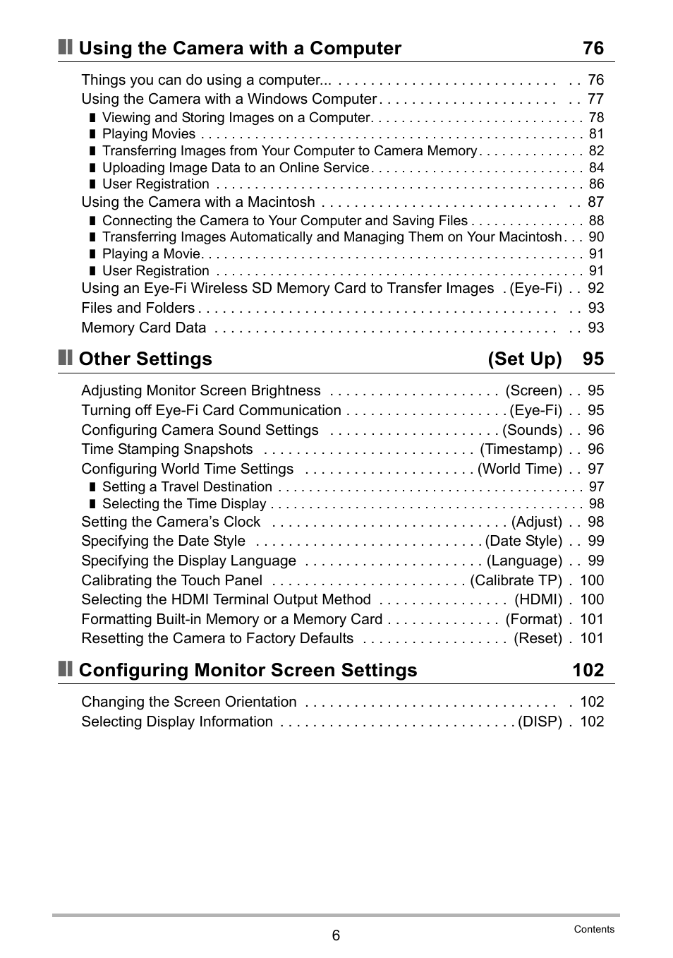 Using the camera with a computer 76, Other settings (set up) 95, Configuring monitor screen settings 102 | Casio TRYX EX-TR100 User Manual | Page 6 / 127