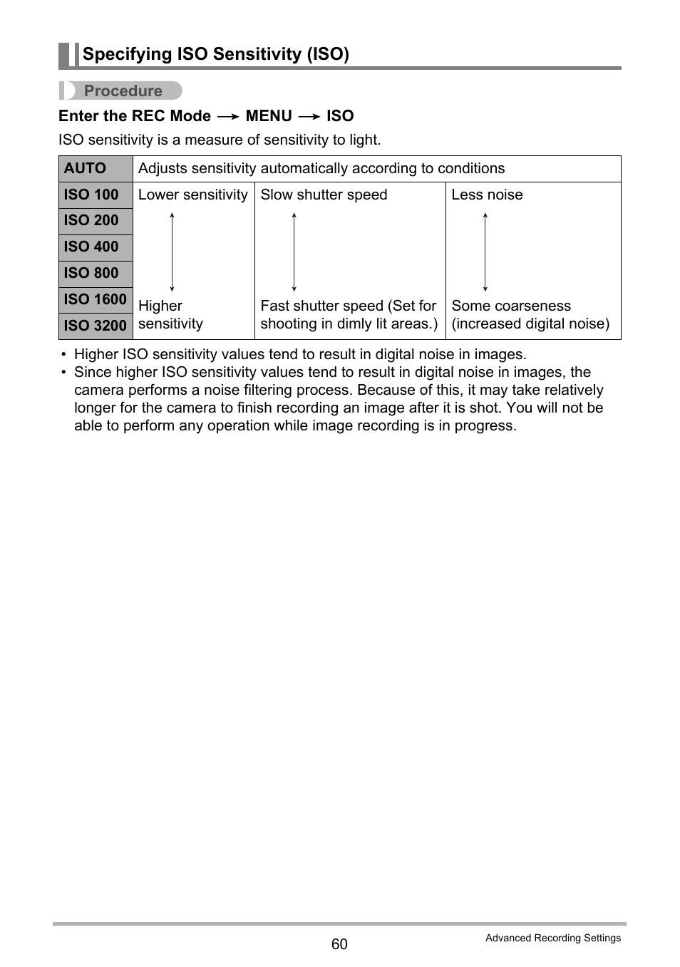 Specifying iso sensitivity (iso) | Casio TRYX EX-TR100 User Manual | Page 60 / 127