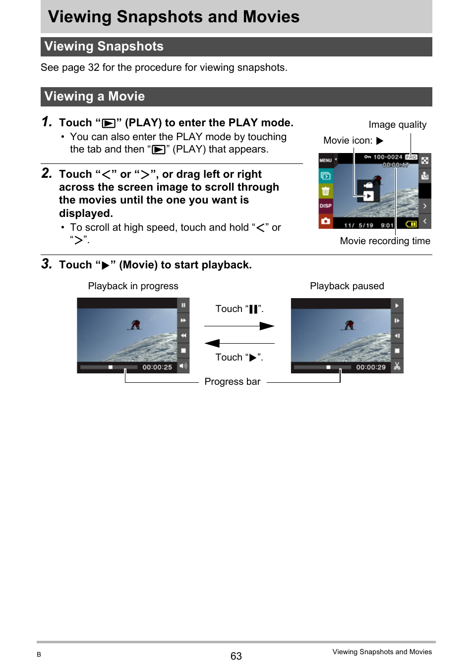 Viewing snapshots and movies, Viewing snapshots, Viewing a movie | Viewing snapshots viewing a movie, Age 63 | Casio TRYX EX-TR100 User Manual | Page 63 / 127