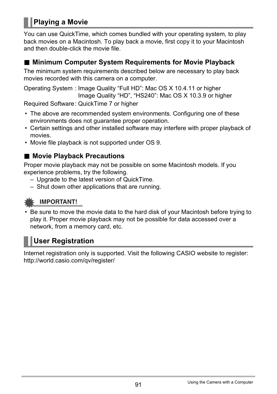 Playing a movie, User registration | Casio TRYX EX-TR100 User Manual | Page 91 / 127