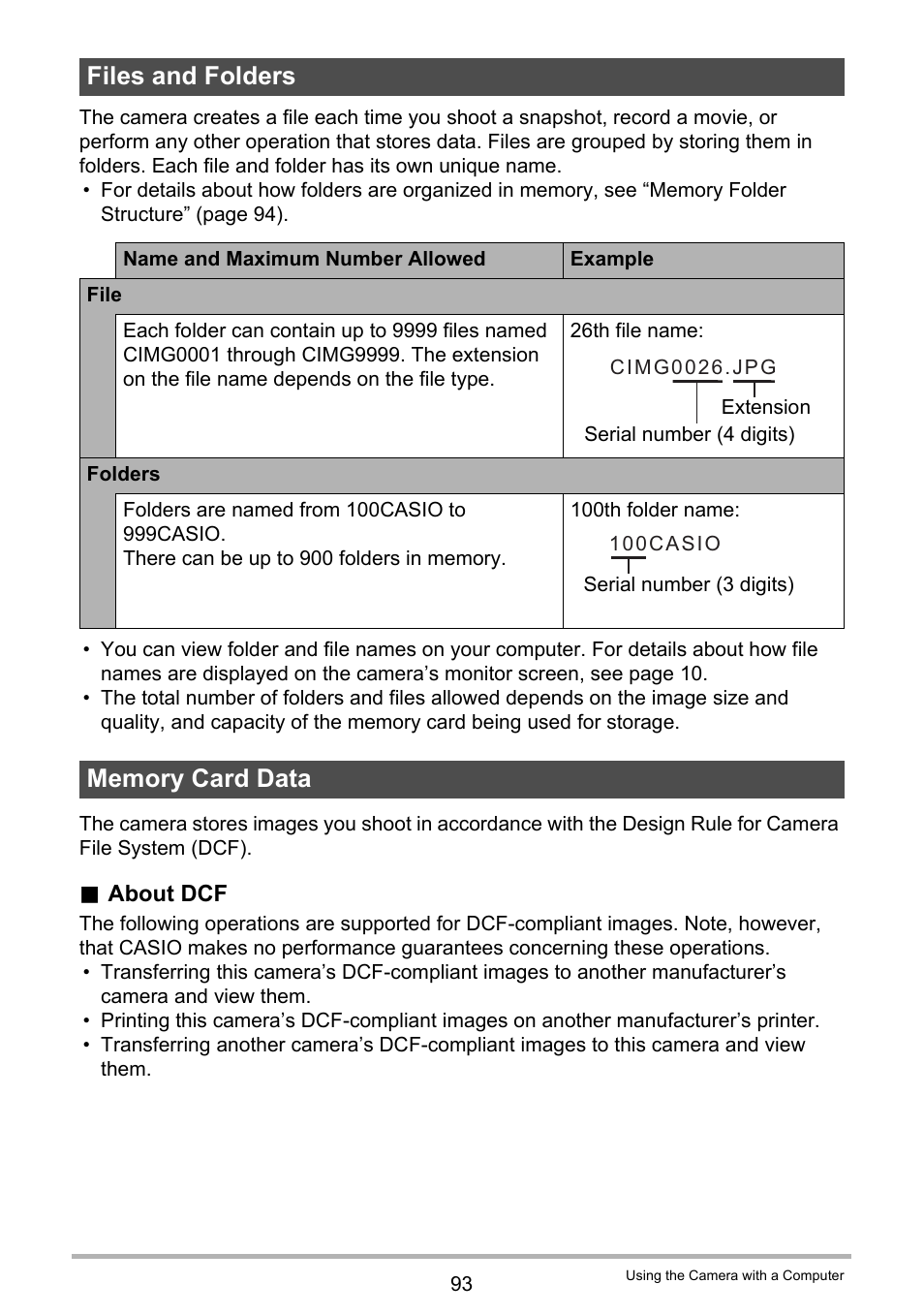 Files and folders, Memory card data, Files and folders memory card data | Casio TRYX EX-TR100 User Manual | Page 93 / 127