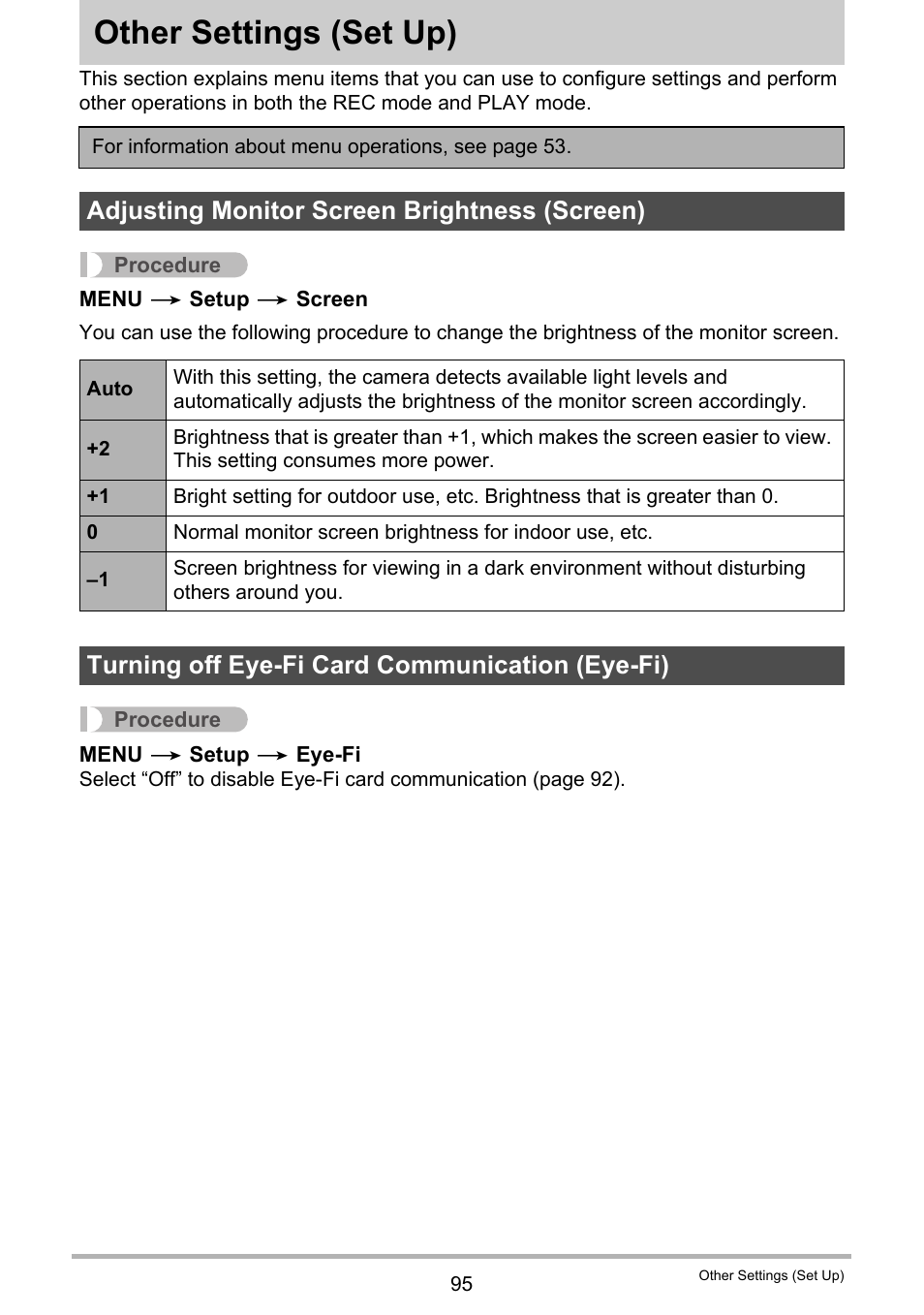 Other settings (set up), Adjusting monitor screen brightness (screen), Turning off eye-fi card communication (eye-fi) | Other settings, Set up) 95 | Casio TRYX EX-TR100 User Manual | Page 95 / 127