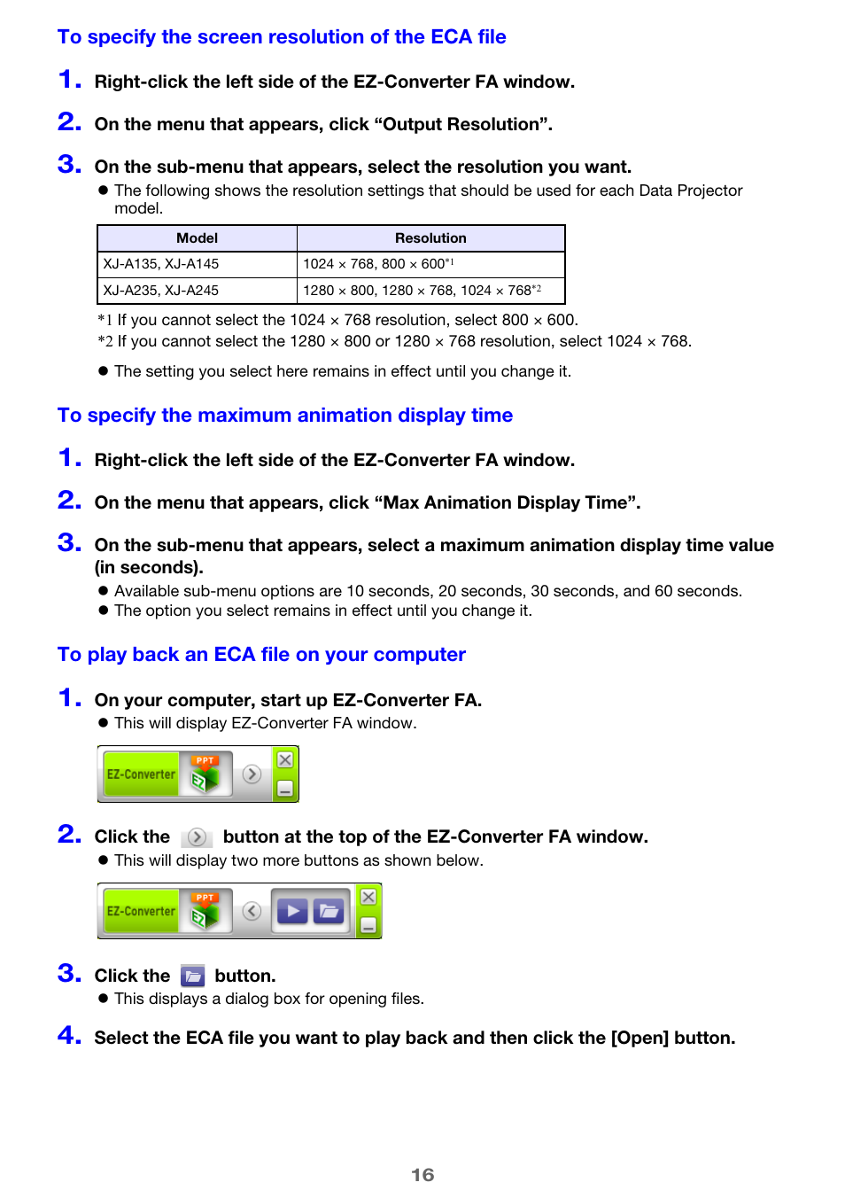 To specify the maximum animation, Display time, E 16) | To specify the screen resolution of the, Eca file, To specify the maximum animation display time | Casio XJ-A135 User Manual | Page 16 / 66