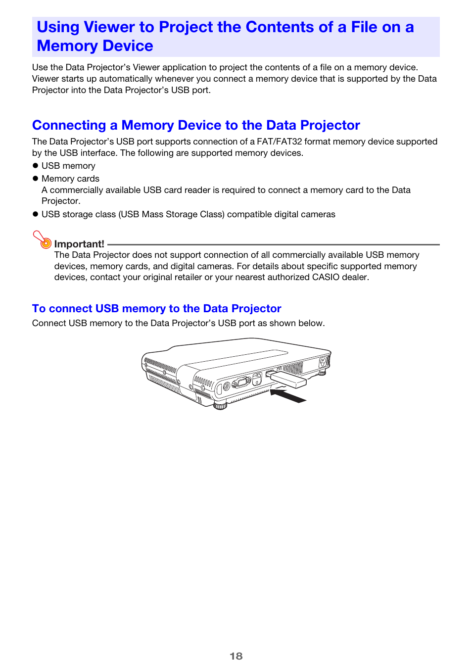 Connecting a memory device to the data projector | Casio XJ-A135 User Manual | Page 18 / 66
