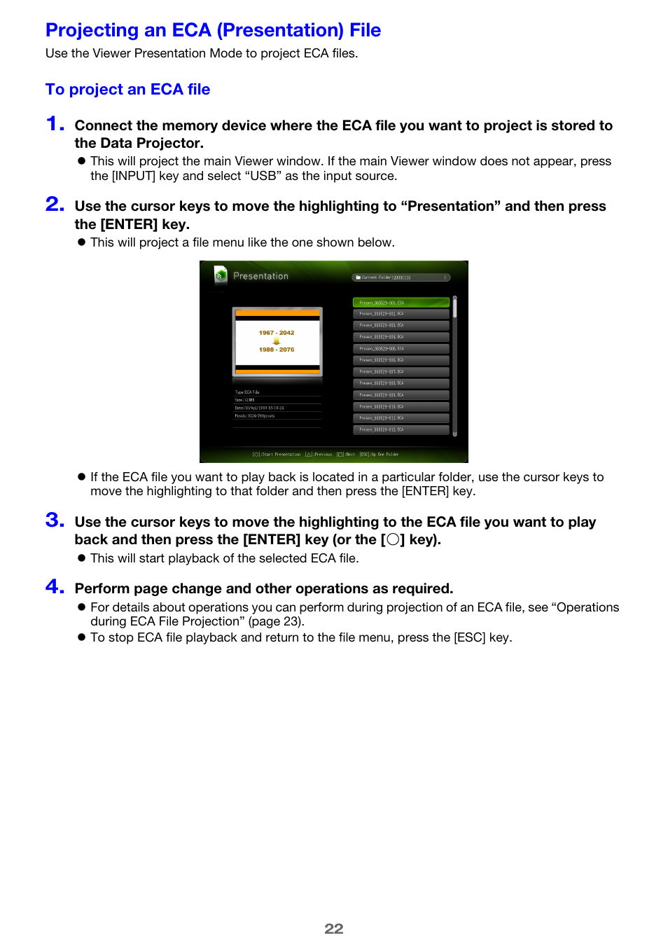 Projecting an eca (presentation) file, Age 22) | Casio XJ-A135 User Manual | Page 22 / 66