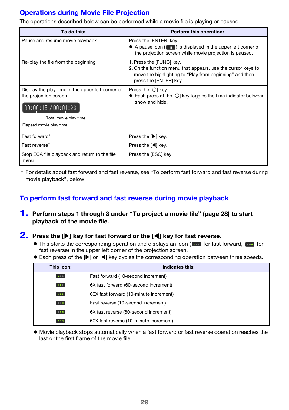 Operations during movie file projection | Casio XJ-A135 User Manual | Page 29 / 66