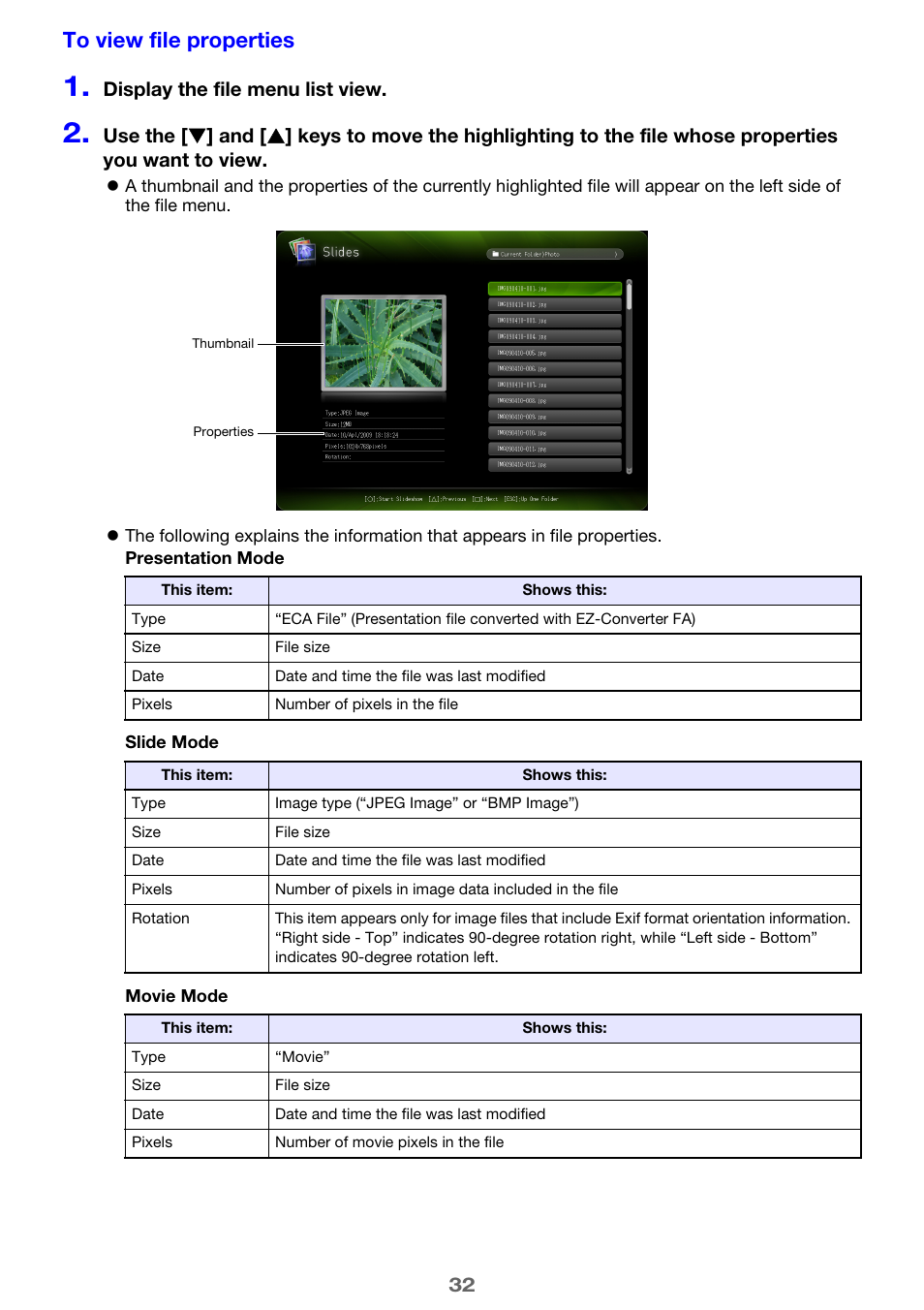 Display the file menu list view | Casio XJ-A135 User Manual | Page 32 / 66