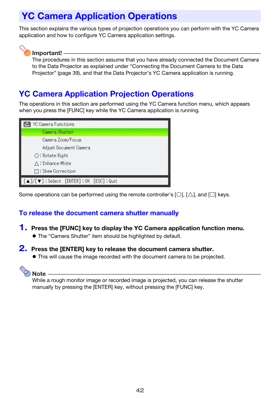 Yc camera application operations, Yc camera application projection operations | Casio XJ-A135 User Manual | Page 42 / 66