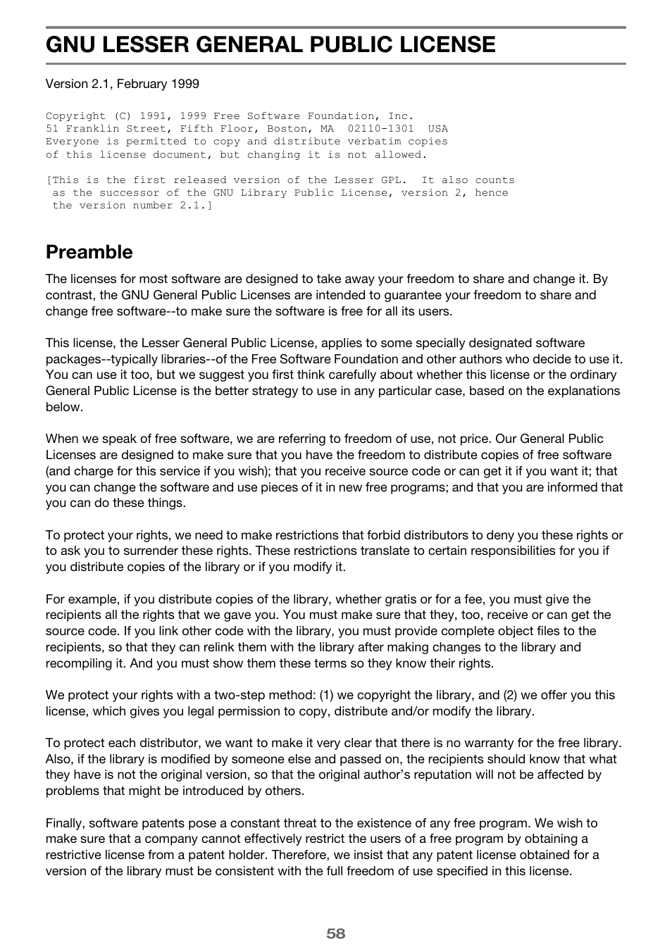 Gnu lesser general public license, Preamble | Casio XJ-A135 User Manual | Page 58 / 66