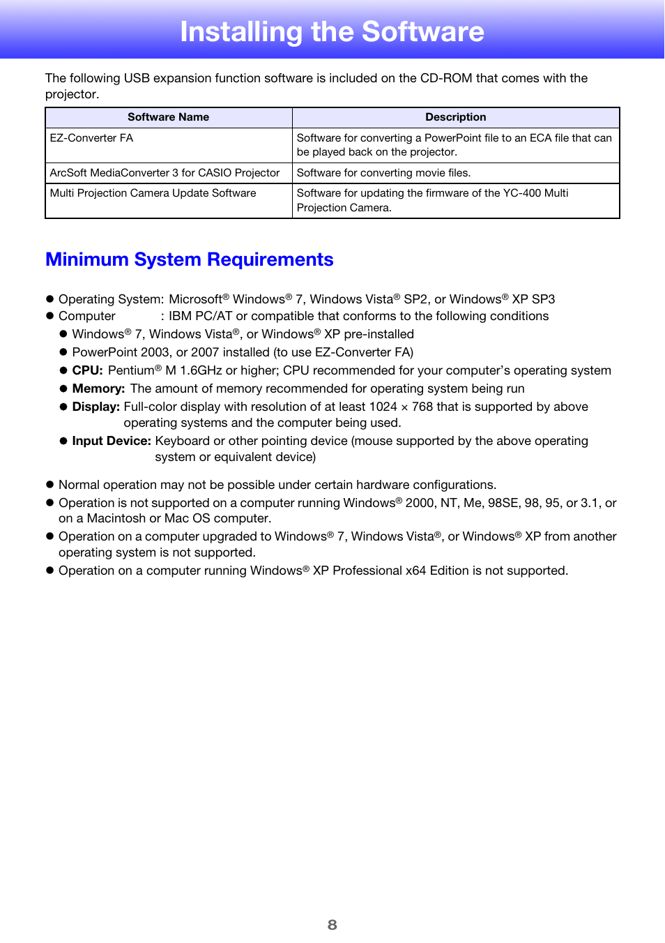 Installing the software, Minimum system requirements | Casio XJ-A135 User Manual | Page 8 / 66