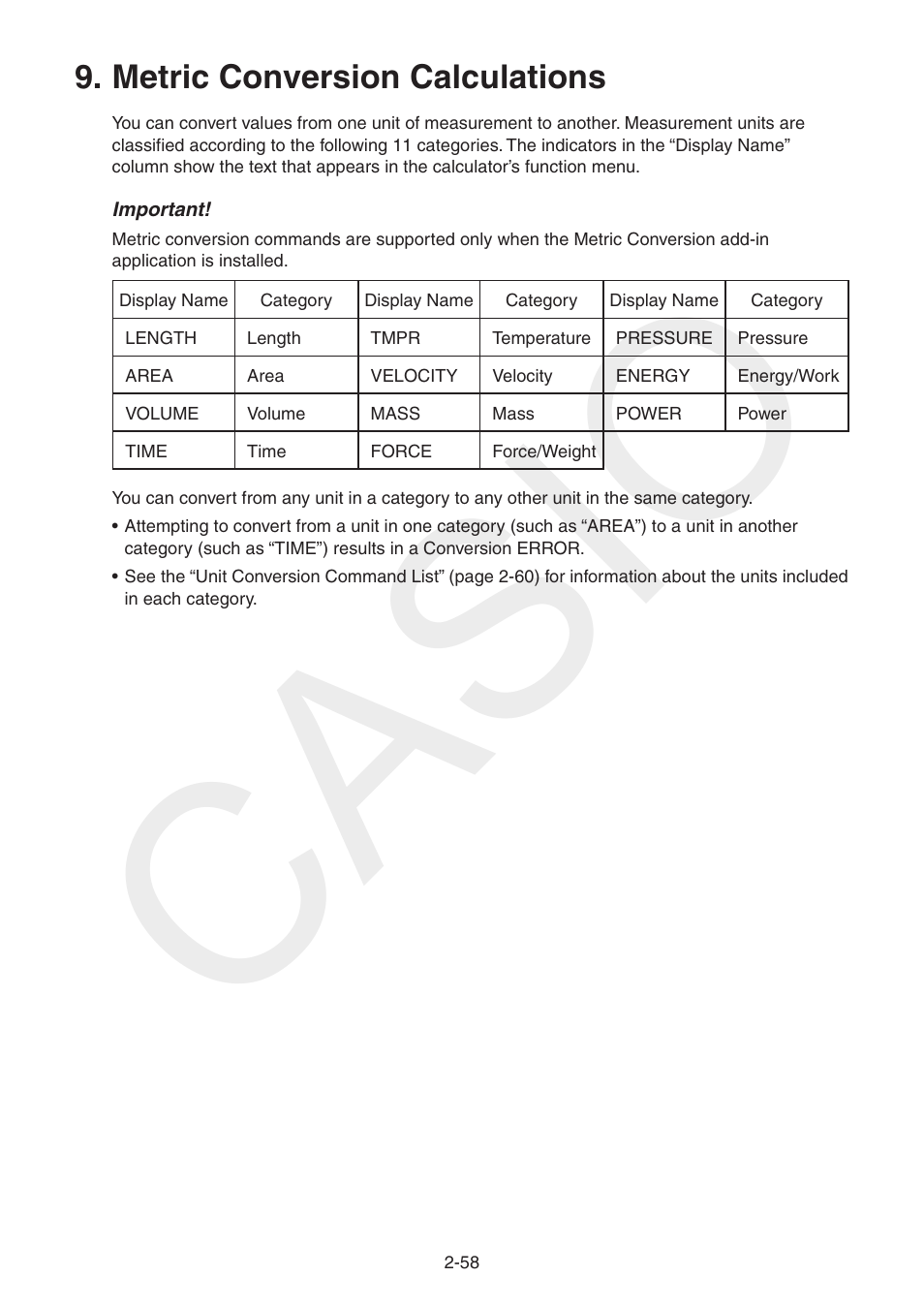 Metric conversion calculations, Metric, Conversion | Calculations, Casio | Casio FX-CG10 User Manual | Page 104 / 601