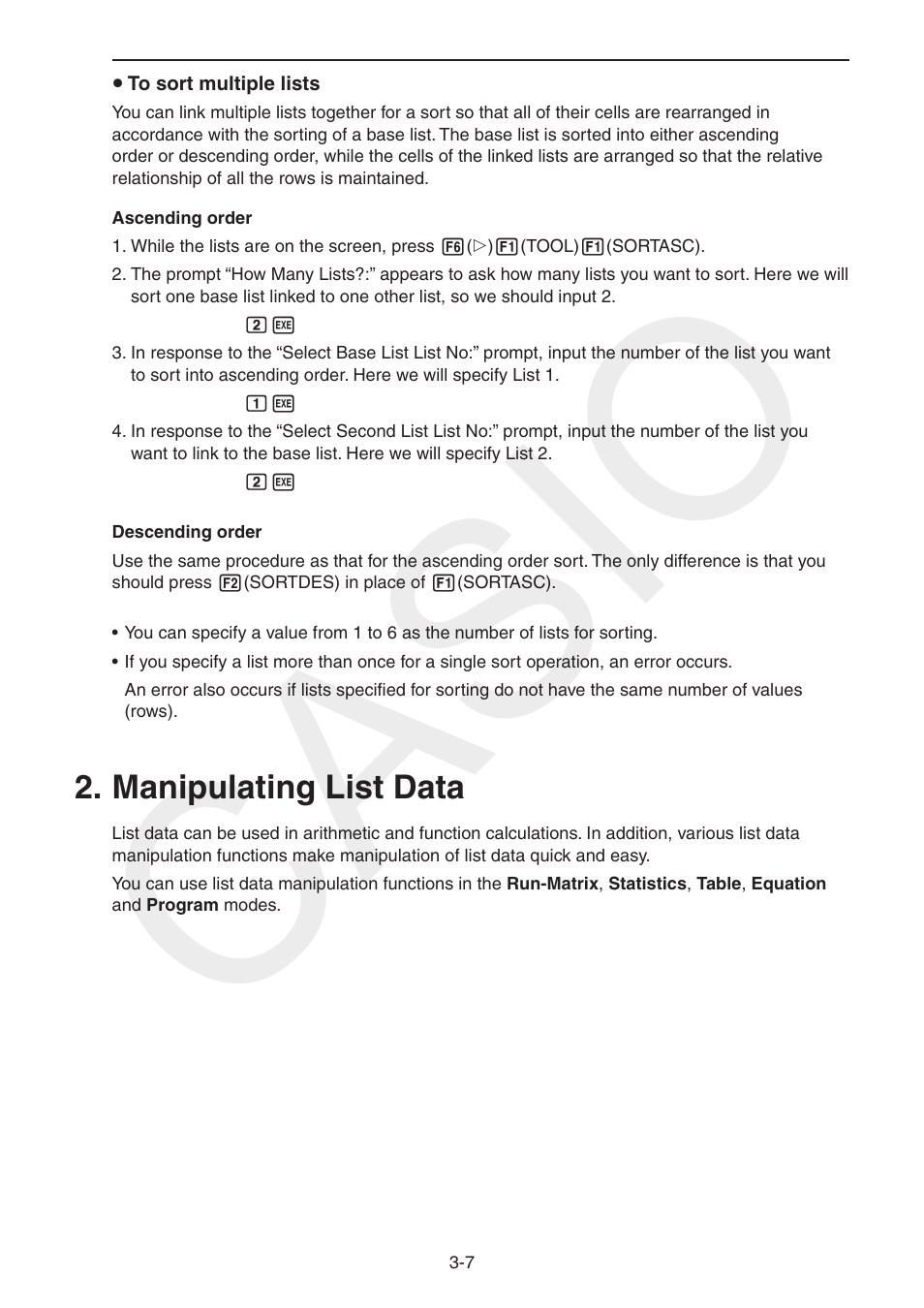 Manipulating list data, Manipulating, List | Data, Casio | Casio FX-CG10 User Manual | Page 114 / 601