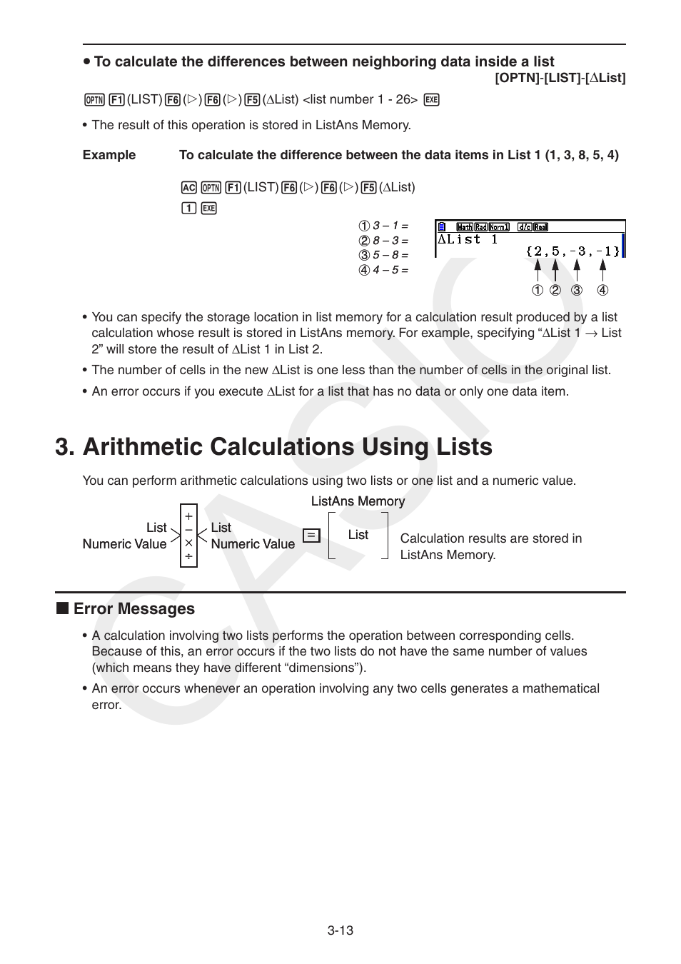 Arithmetic calculations using lists, Arithmetic calculations using lists -13, Casio | Casio FX-CG10 User Manual | Page 120 / 601