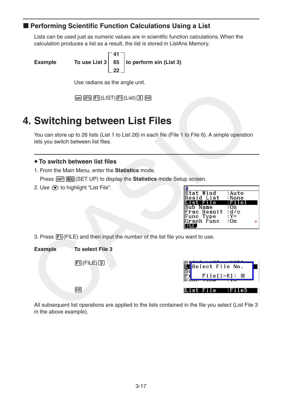 Switching between list files, Switching between list files -17, Casio | Casio FX-CG10 User Manual | Page 124 / 601