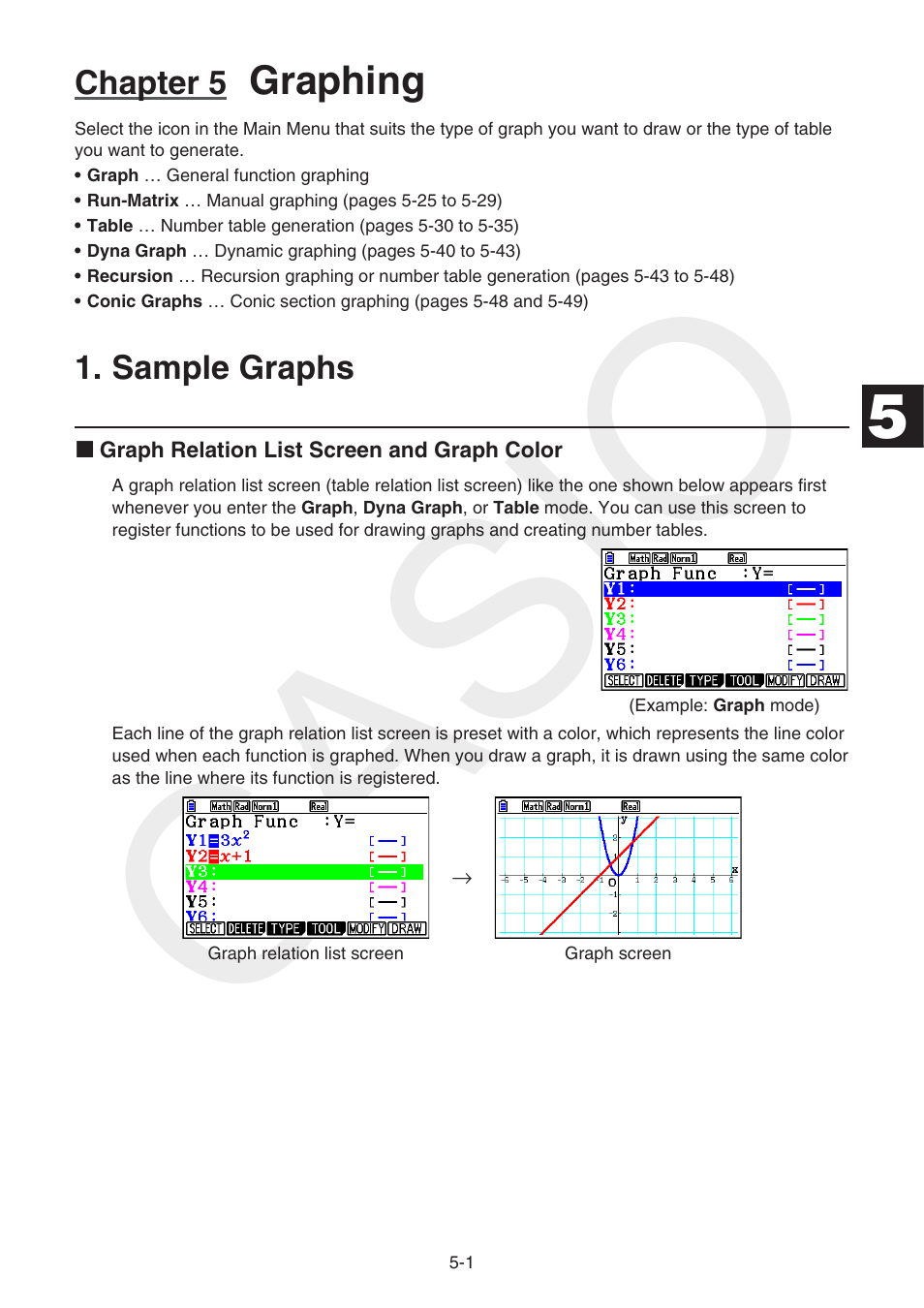 Chapter 5 graphing, Sample graphs, Casio | Sample, Graphs | Casio FX-CG10 User Manual | Page 133 / 601