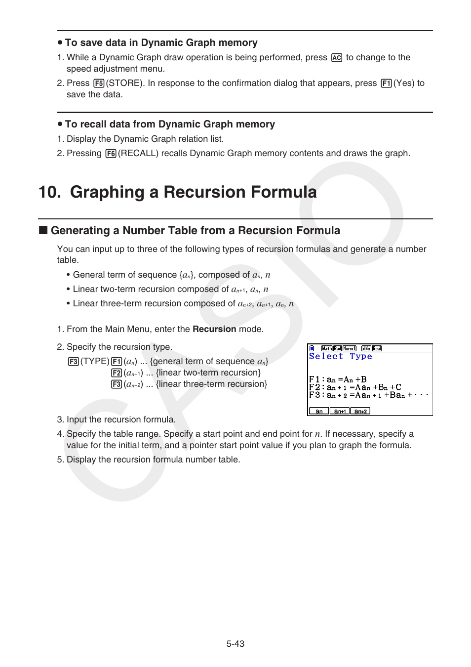 Graphing a recursion formula, Graphing a recursion formula -43, Casio | Casio FX-CG10 User Manual | Page 175 / 601