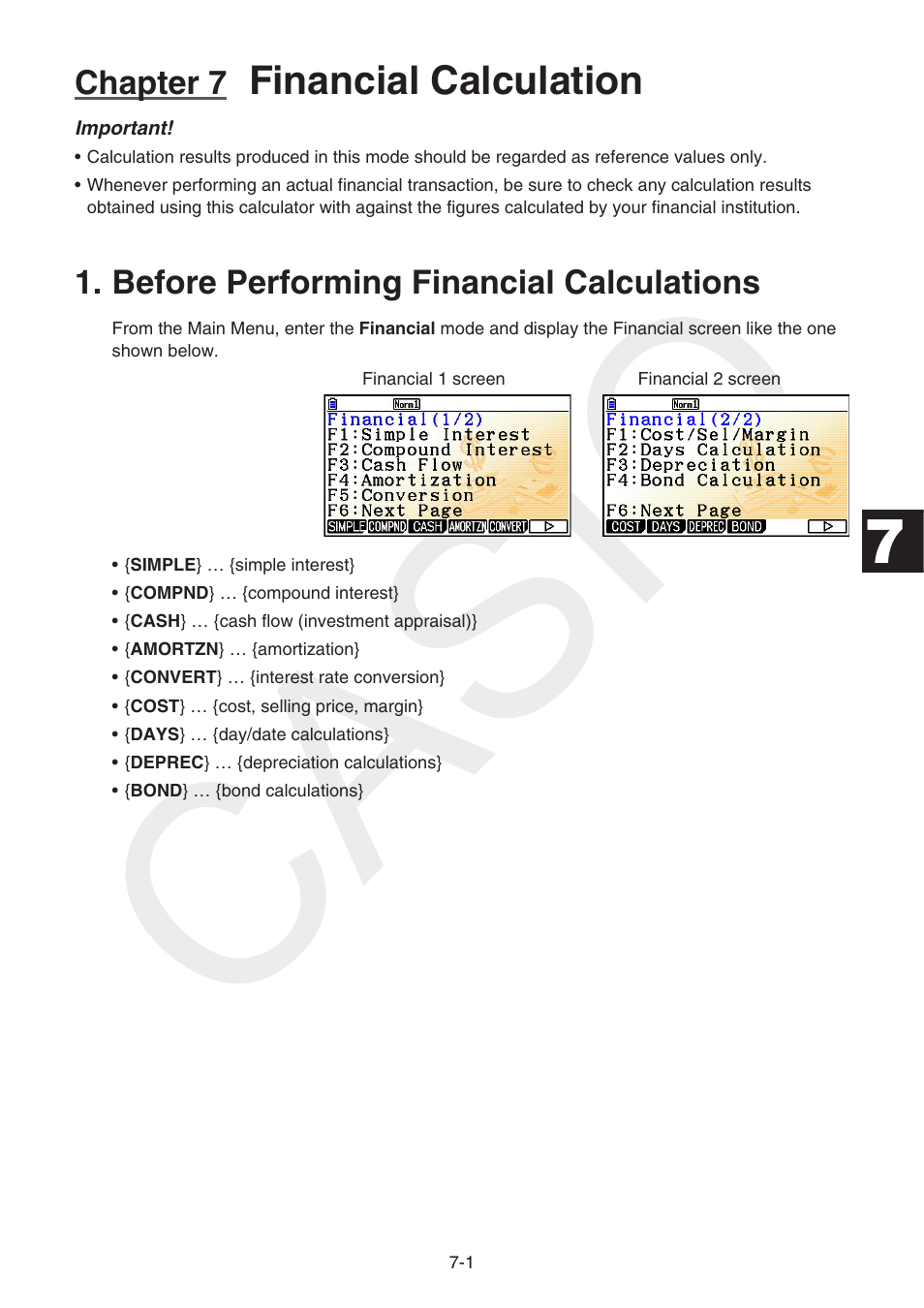 Chapter 7 financial calculation, Before performing financial calculations, Before performing financial calculations -1 | Casio, Financial calculation, Chapter 7 | Casio FX-CG10 User Manual | Page 265 / 601