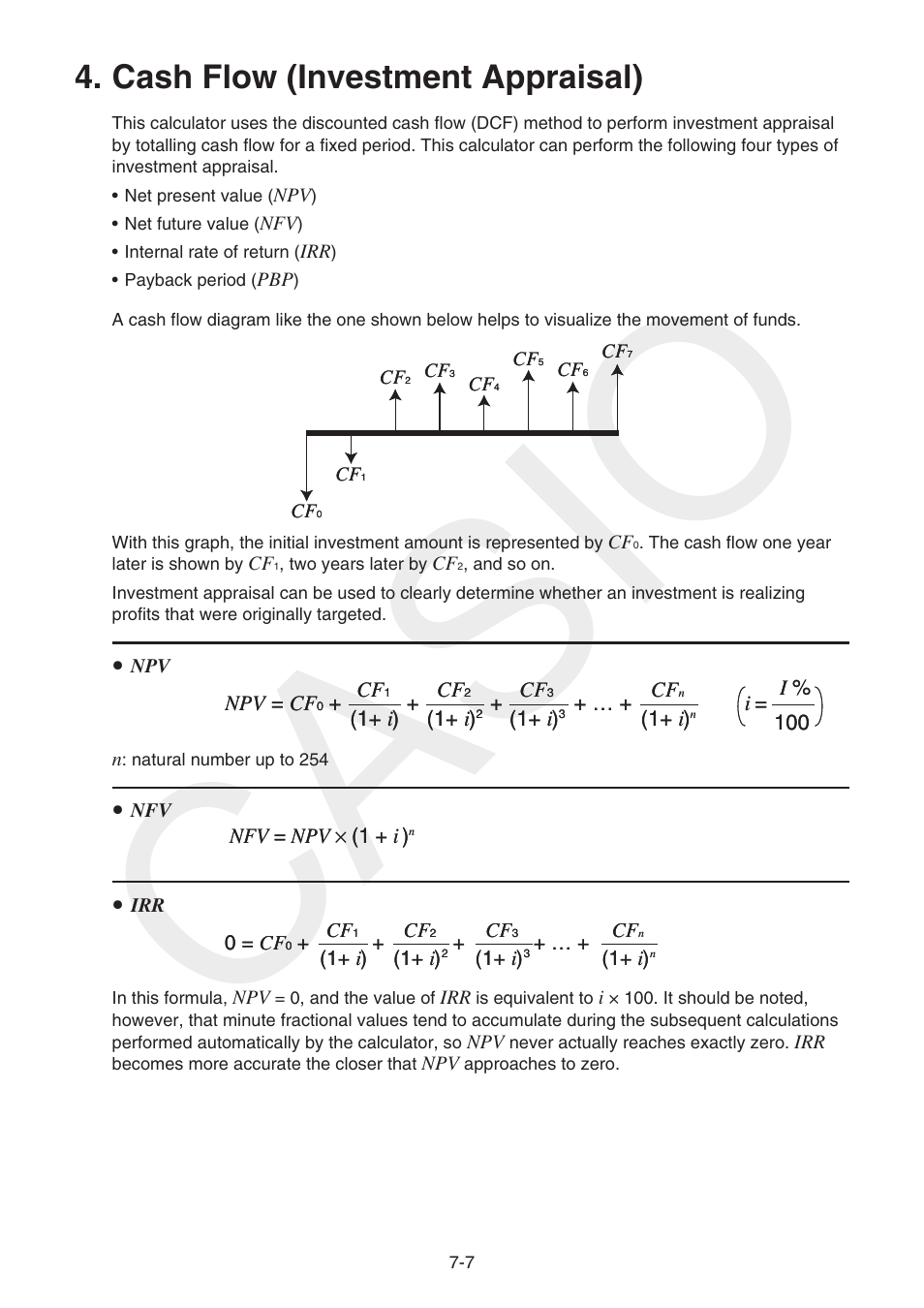 Cash flow (investment appraisal), Cash flow (investment appraisal) -7, Casio | Npv = cf, 1+ i ) cf, 1+ i ), I= 100 i % npv = cf, I= 100 i | Casio FX-CG10 User Manual | Page 271 / 601