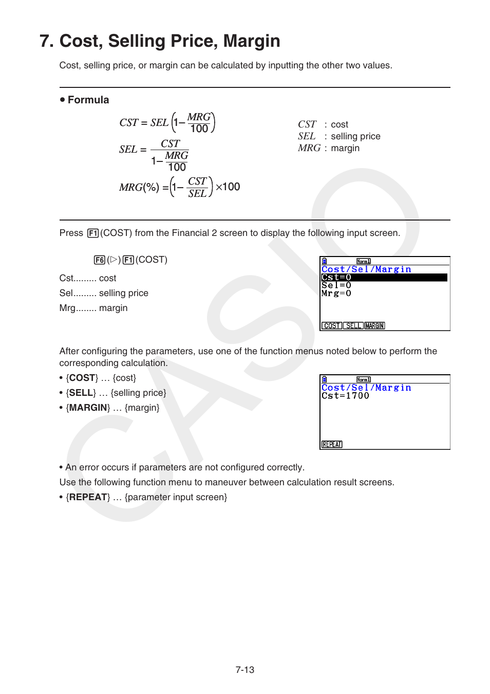 Cost, selling price, margin, Cost, selling price, margin -13, Casio | Casio FX-CG10 User Manual | Page 277 / 601