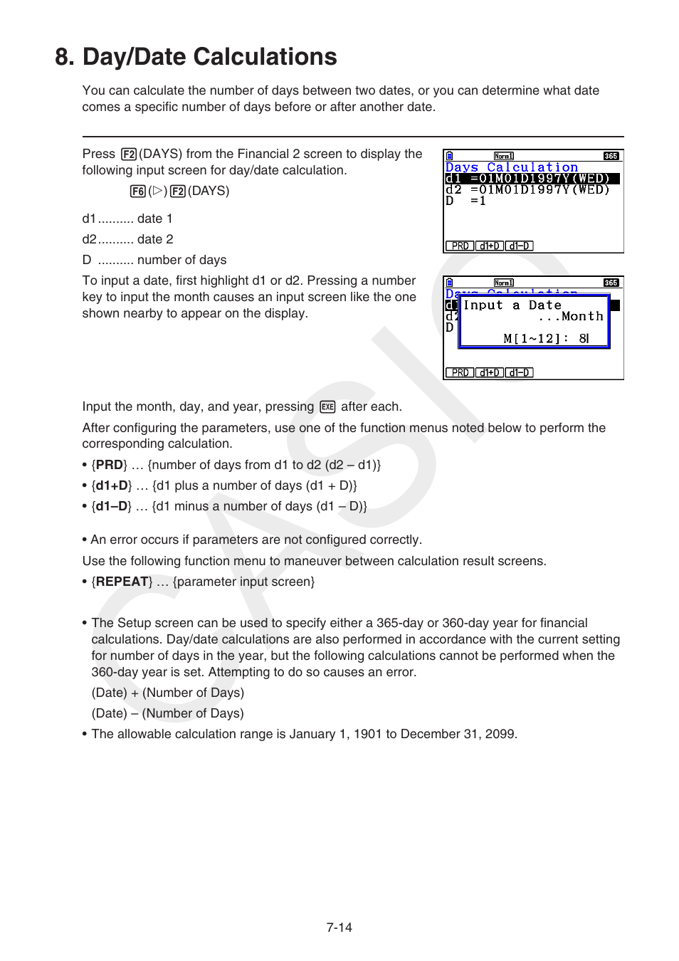 Day/date calculations, Day/date, Calculations | Casio | Casio FX-CG10 User Manual | Page 278 / 601