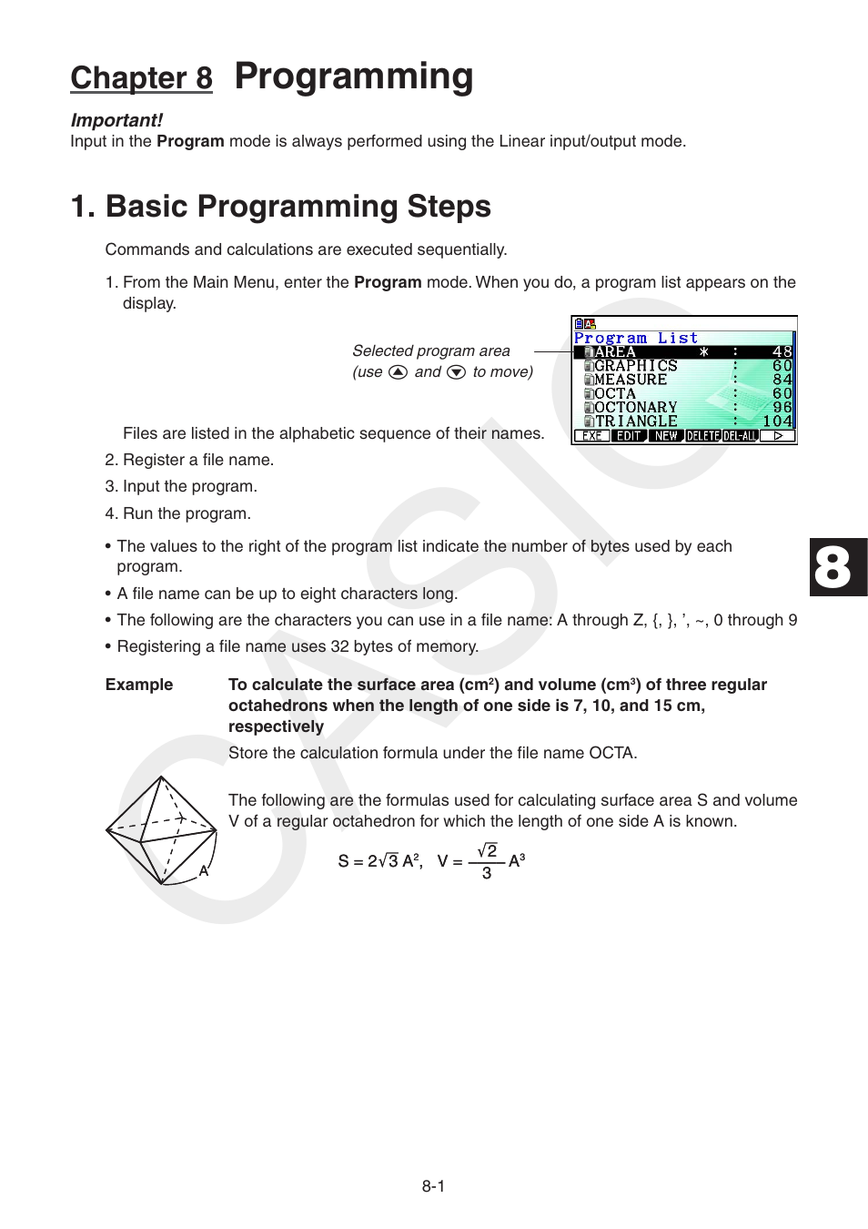 Chapter 8 programming, Basic programming steps, Basic | Programming, Steps, Casio, Chapter 8 | Casio FX-CG10 User Manual | Page 285 / 601