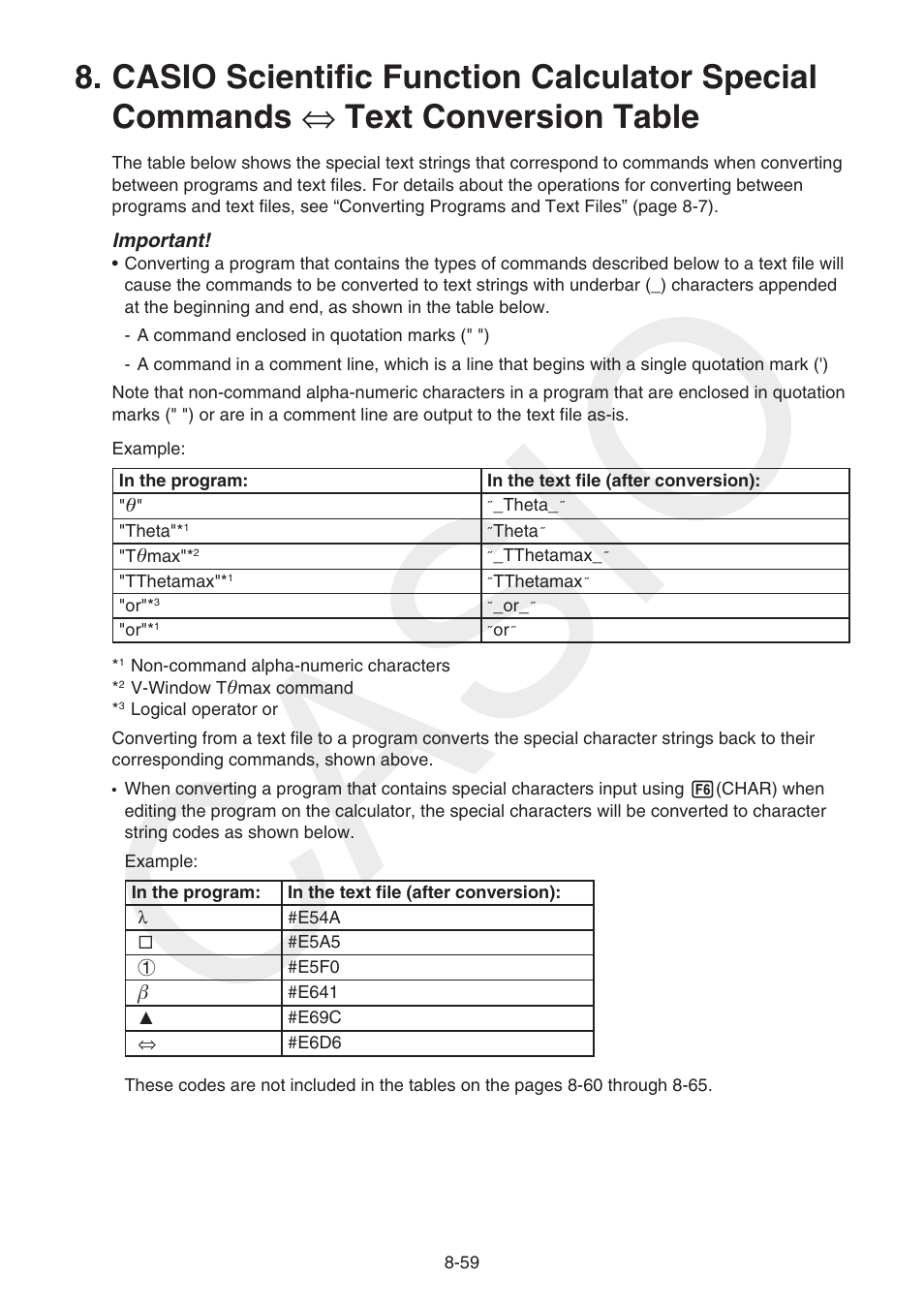 Casio scientific function calculator, Special, Commands | Text conversion table -59, Casio | Casio FX-CG10 User Manual | Page 343 / 601