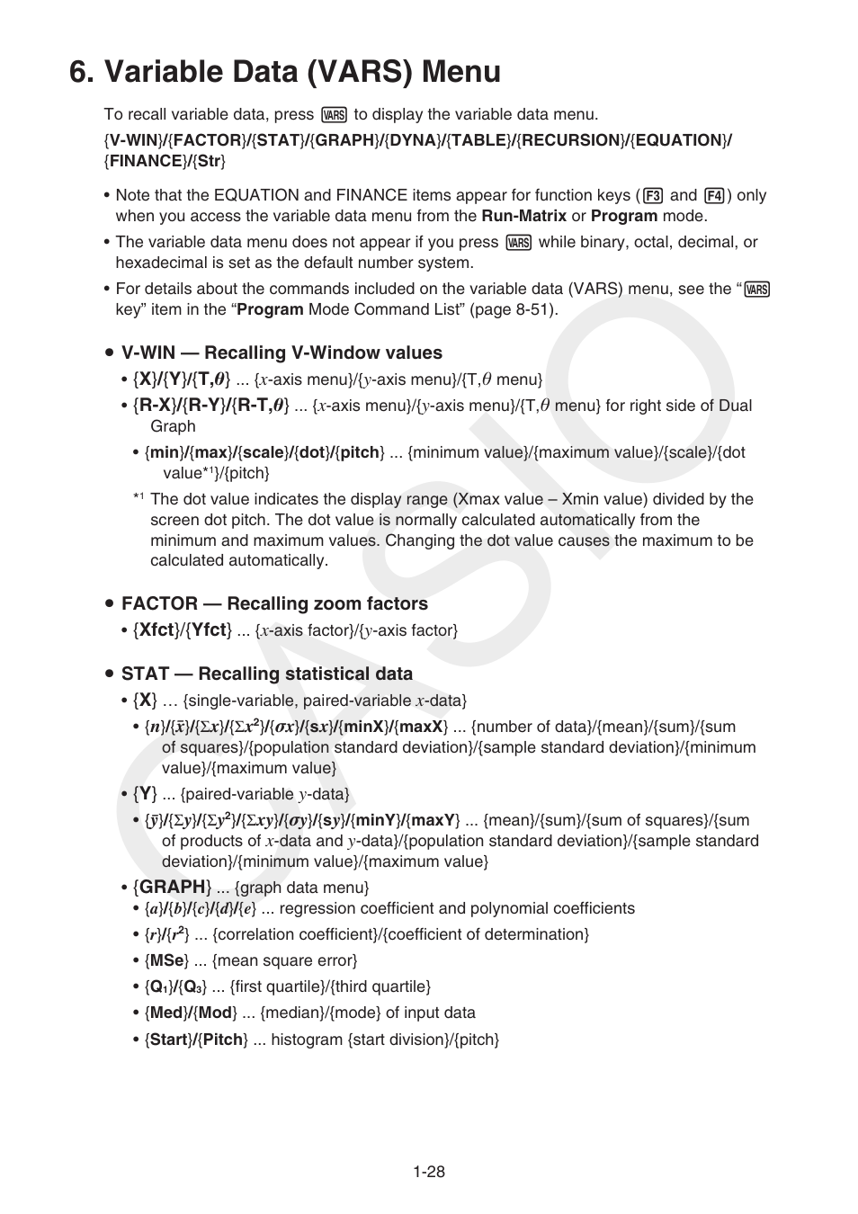 Variable data (vars) menu, Variable data (vars) menu -28, Casio | Casio FX-CG10 User Manual | Page 35 / 601