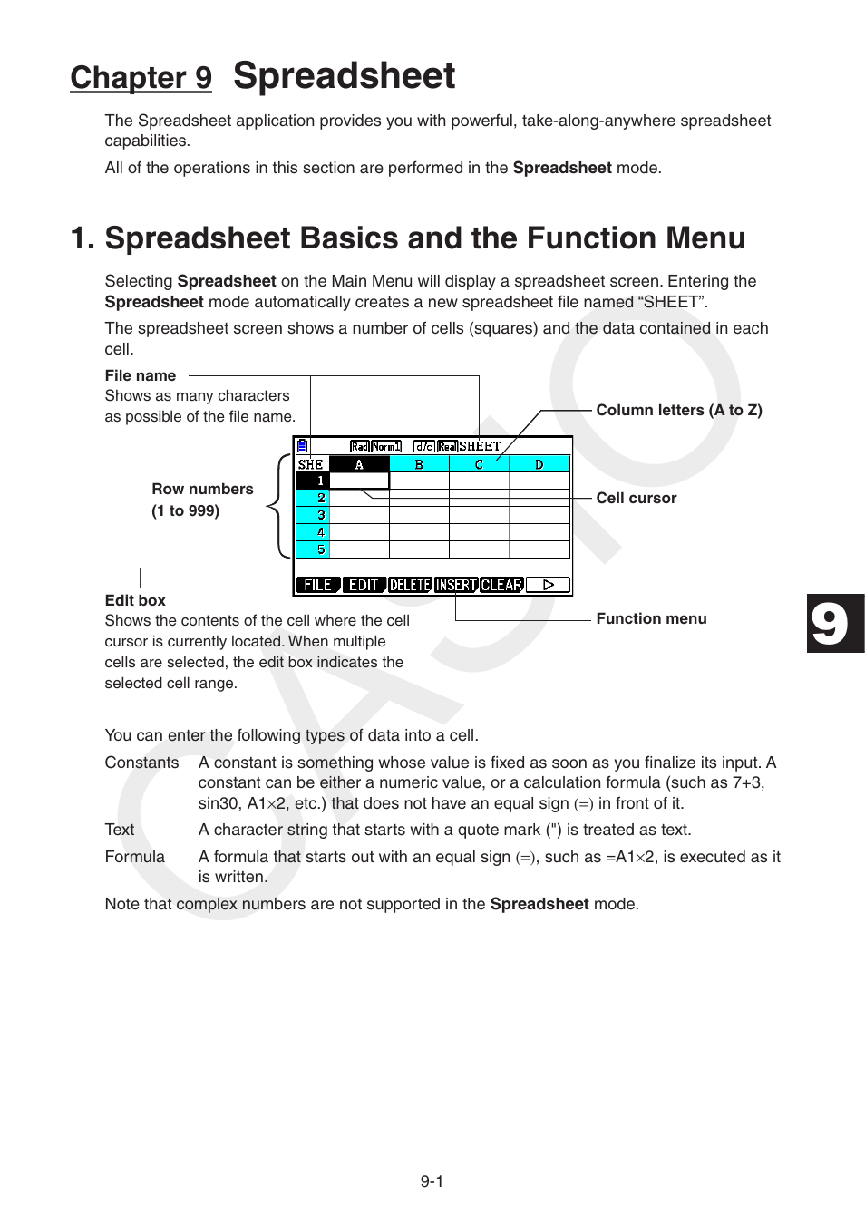 Chapter 9 spreadsheet, Spreadsheet basics and the function menu, Spreadsheet basics and the function menu -1 | Casio, Spreadsheet, Chapter 9 | Casio FX-CG10 User Manual | Page 352 / 601