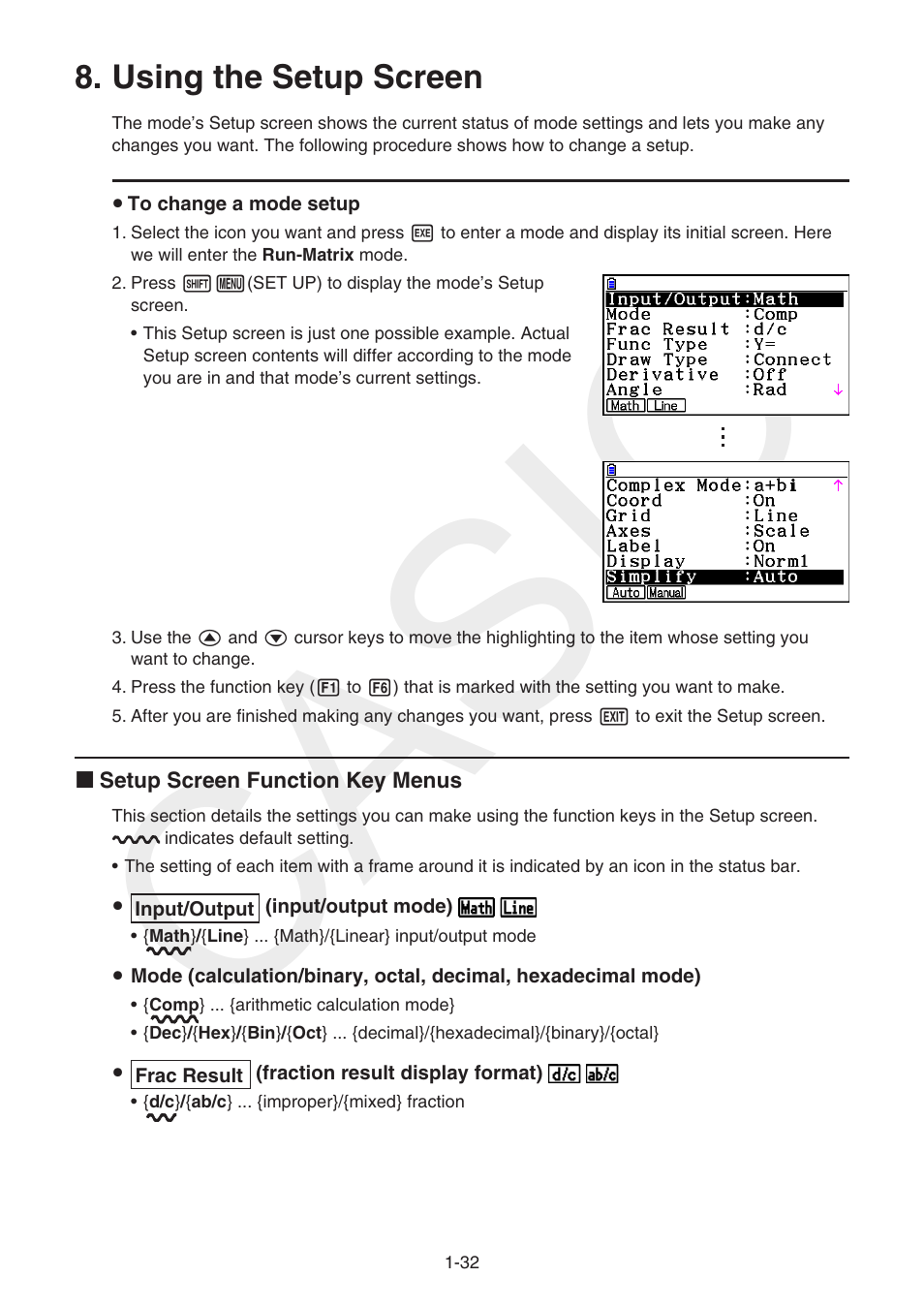 Using the setup screen, Using the setup screen -32, Casio | Casio FX-CG10 User Manual | Page 39 / 601