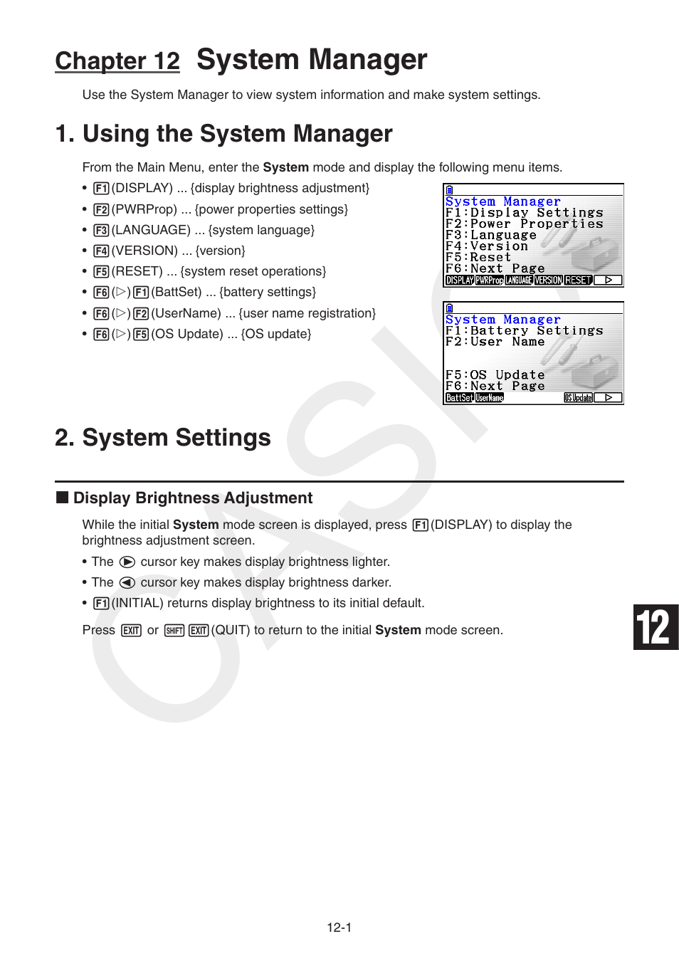 Chapter 12 system manager, Using the system manager, System settings | Using the system manager -1, System, Settings, Casio, System manager, Chapter 12 | Casio FX-CG10 User Manual | Page 424 / 601