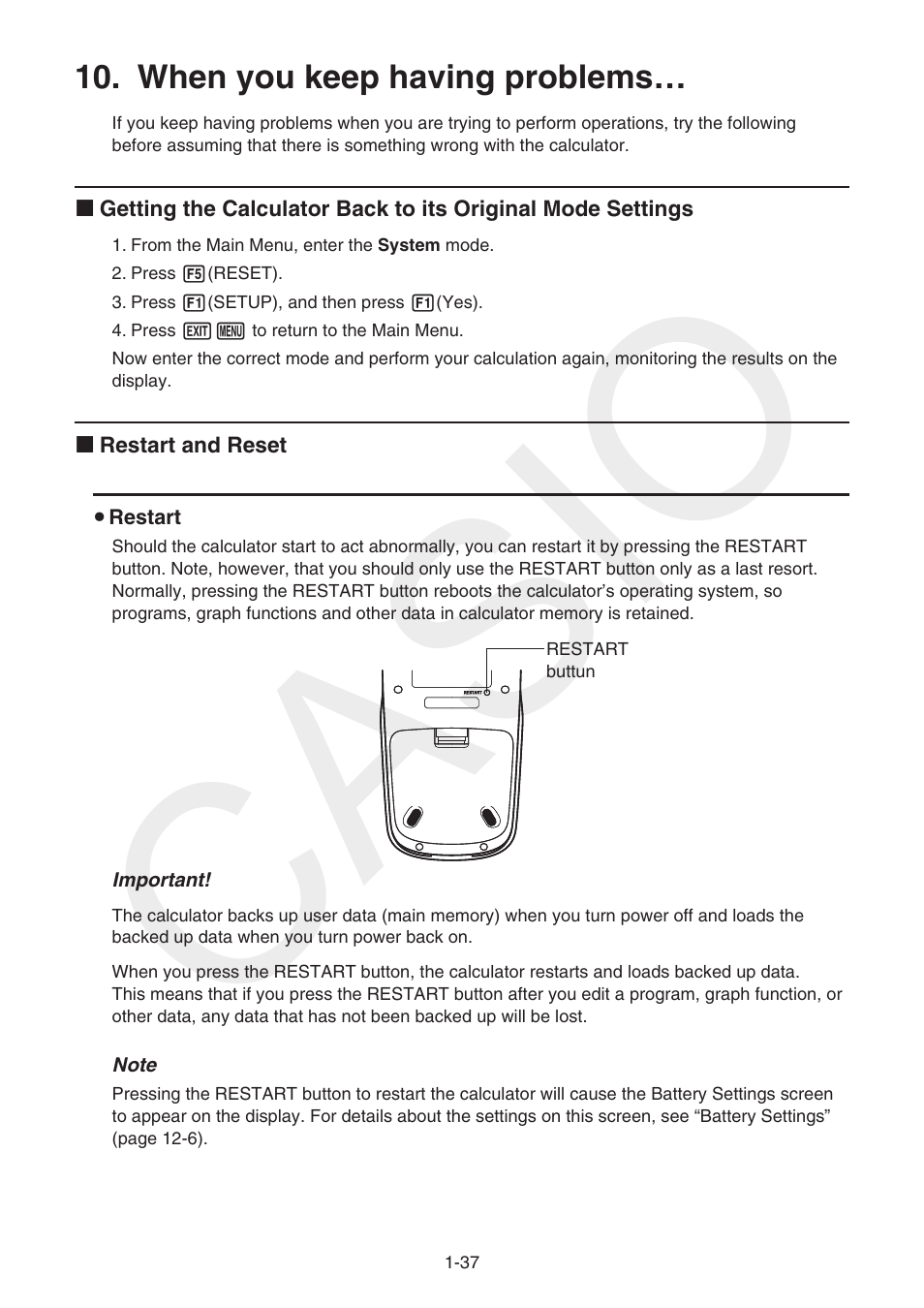 When you keep having problems, When you keep having problems… -37, Casio | Casio FX-CG10 User Manual | Page 44 / 601