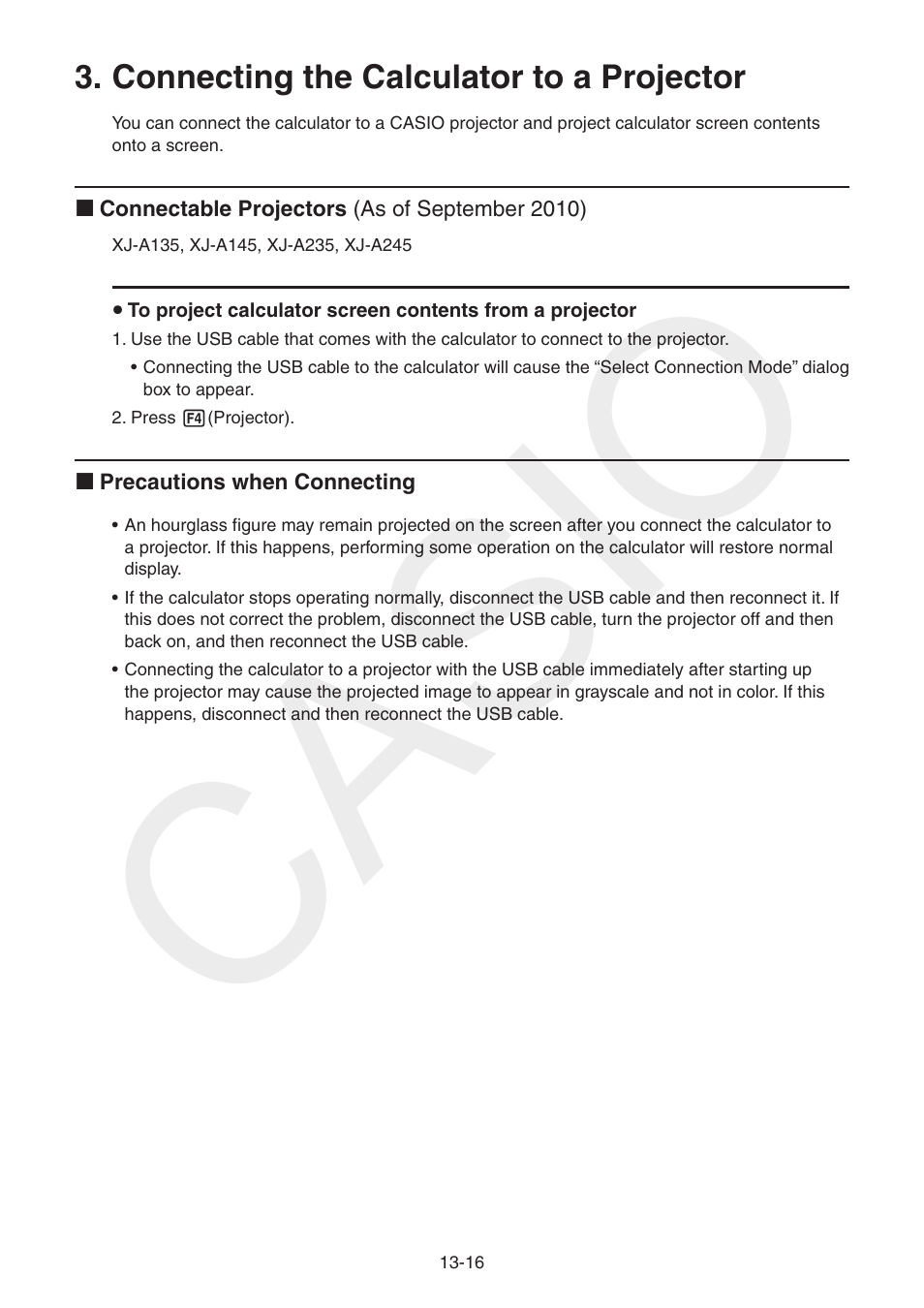 Connecting the calculator to a projector, Connecting the calculator to a projector -16, Casio | Casio FX-CG10 User Manual | Page 447 / 601