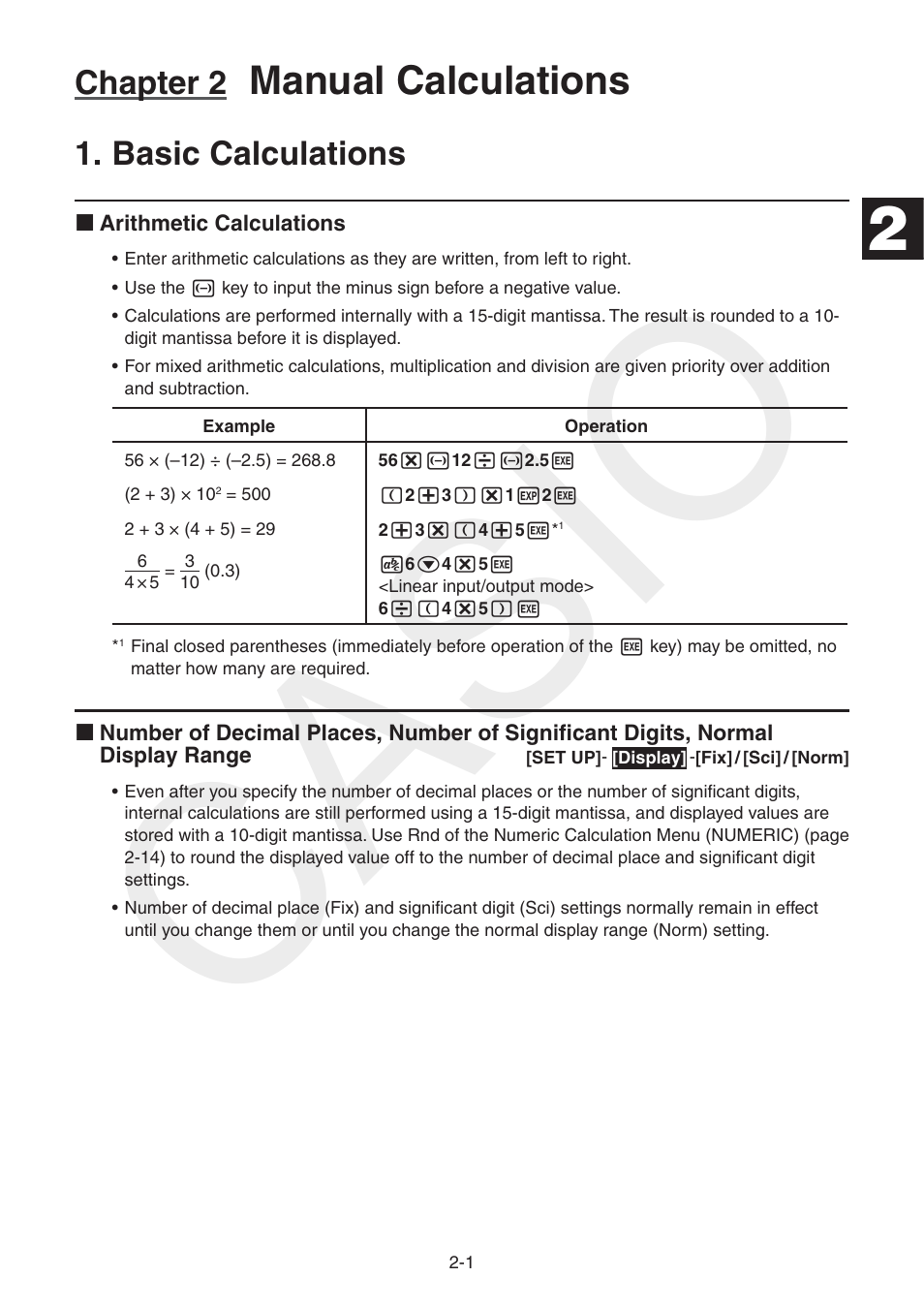 Chapter 2 manual calculations, Basic calculations, Basic | Calculations, Casio, Manual calculations, Chapter 2 | Casio FX-CG10 User Manual | Page 47 / 601