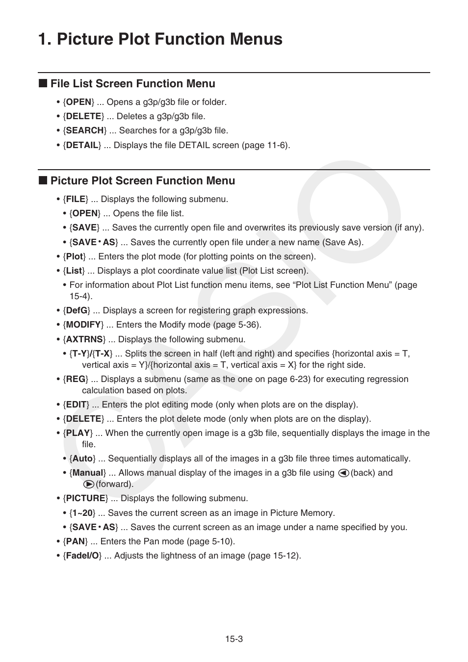 Picture plot function menus, Picture plot function menus -3, Casio | Casio FX-CG10 User Manual | Page 514 / 601