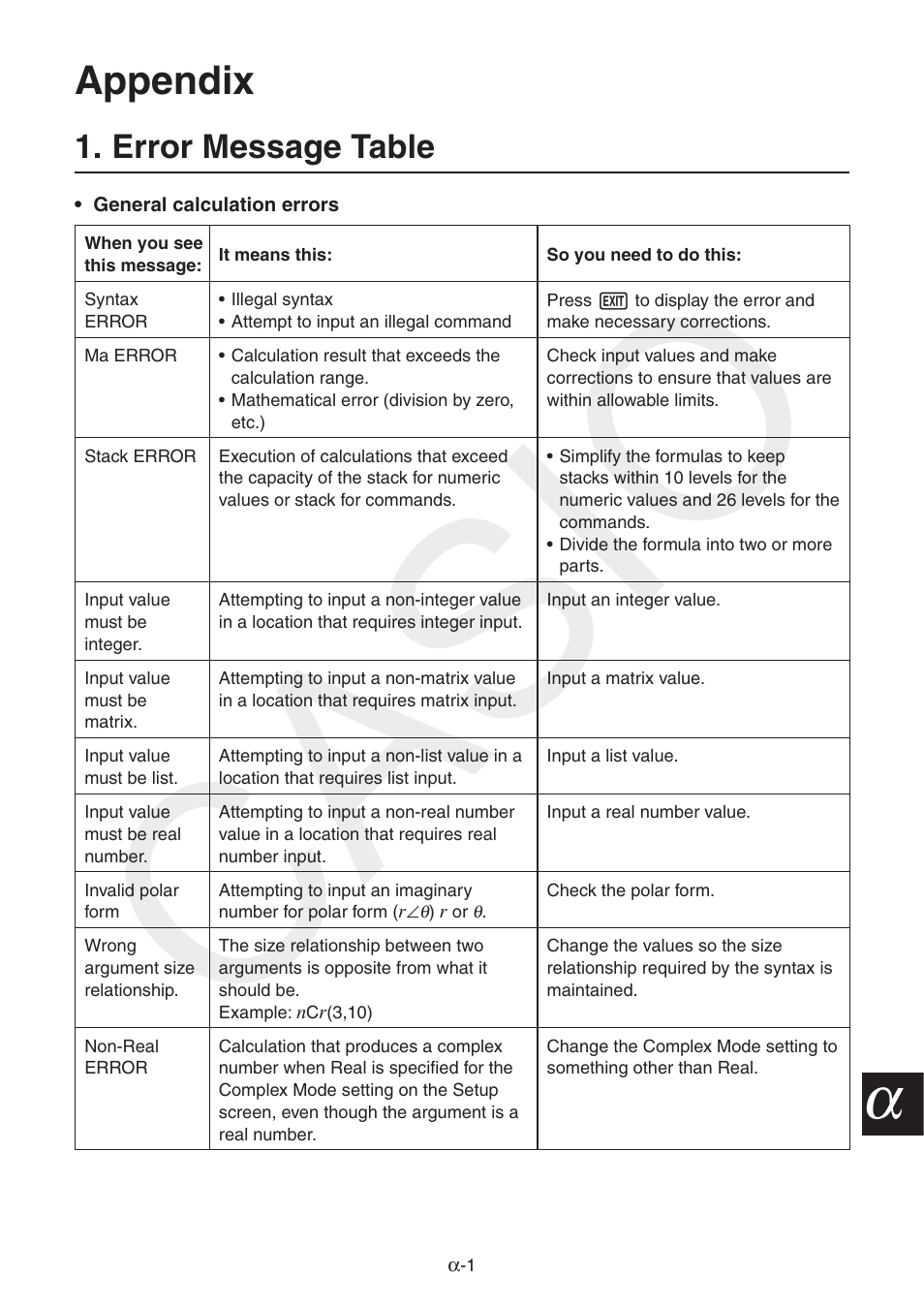 Appendix, Error message table, Casio | Casio FX-CG10 User Manual | Page 530 / 601