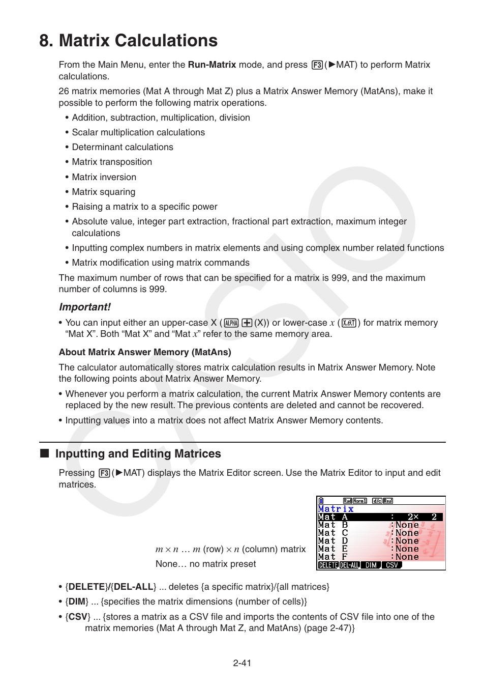 Matrix calculations, Matrix, Calculations | Casio | Casio FX-CG10 User Manual | Page 87 / 601