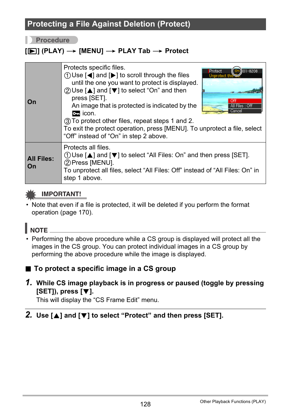 Protecting a file against deletion (protect) | Casio EXILIM EX-FH100 User Manual | Page 128 / 203