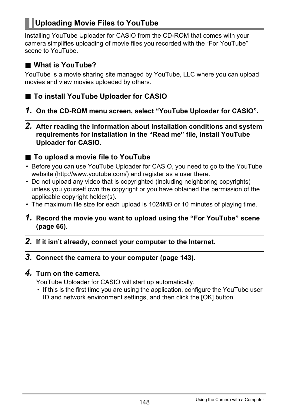 Uploading movie files to youtube | Casio EXILIM EX-FH100 User Manual | Page 148 / 203