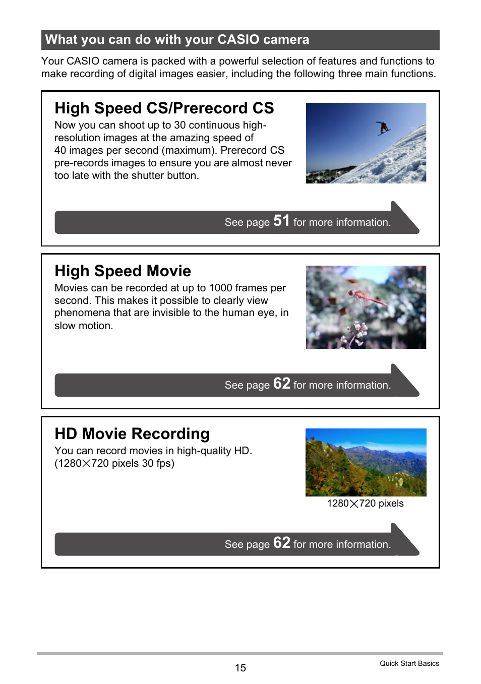 What you can do with your casio camera, High speed cs/prerecord cs, High speed movie | Hd movie recording | Casio EXILIM EX-FH100 User Manual | Page 15 / 203