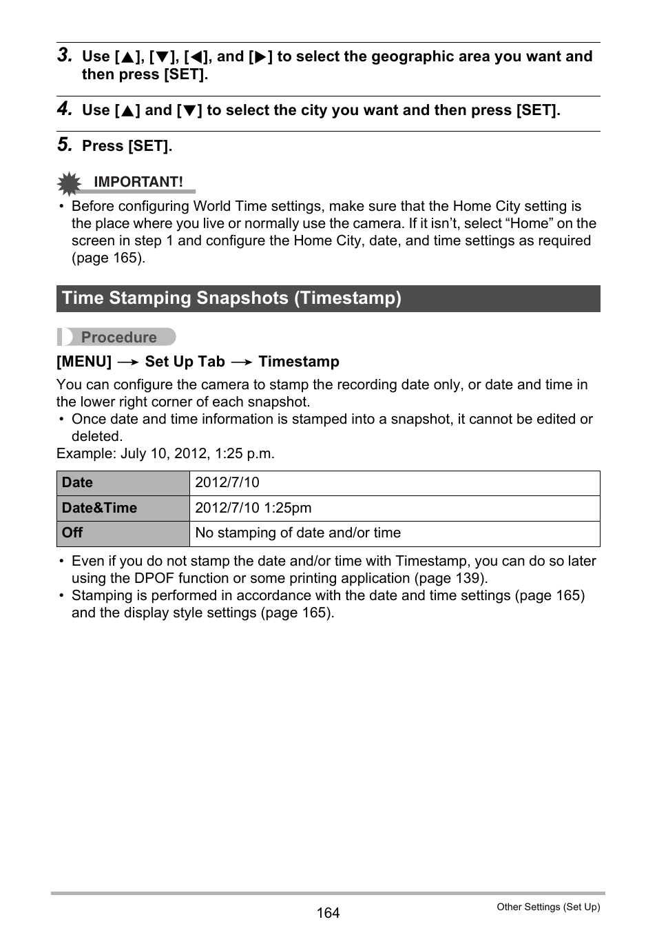 Time stamping snapshots (timestamp) | Casio EXILIM EX-FH100 User Manual | Page 164 / 203