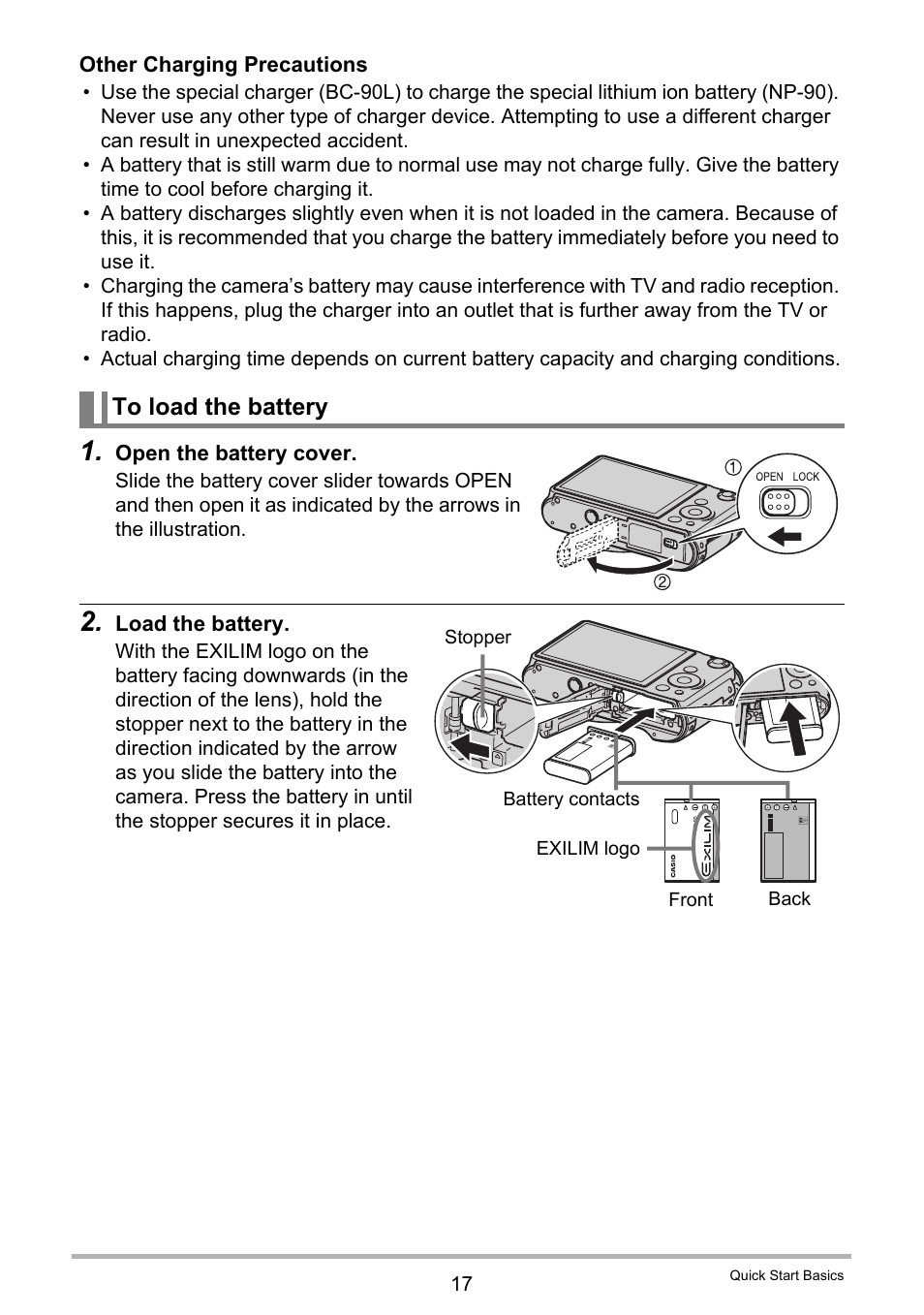 To load the battery | Casio EXILIM EX-FH100 User Manual | Page 17 / 203