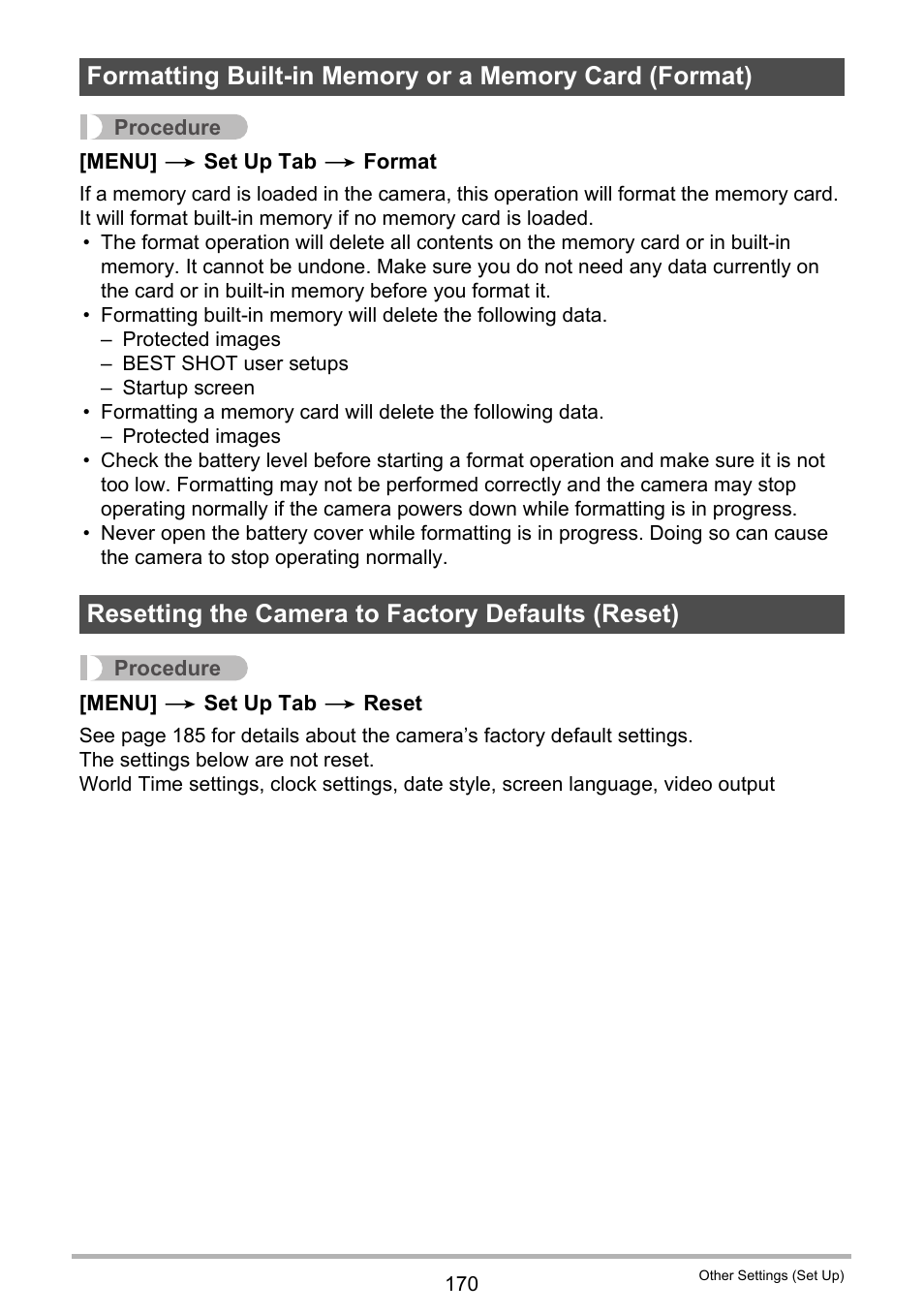 Resetting the camera to factory defaults (reset) | Casio EXILIM EX-FH100 User Manual | Page 170 / 203