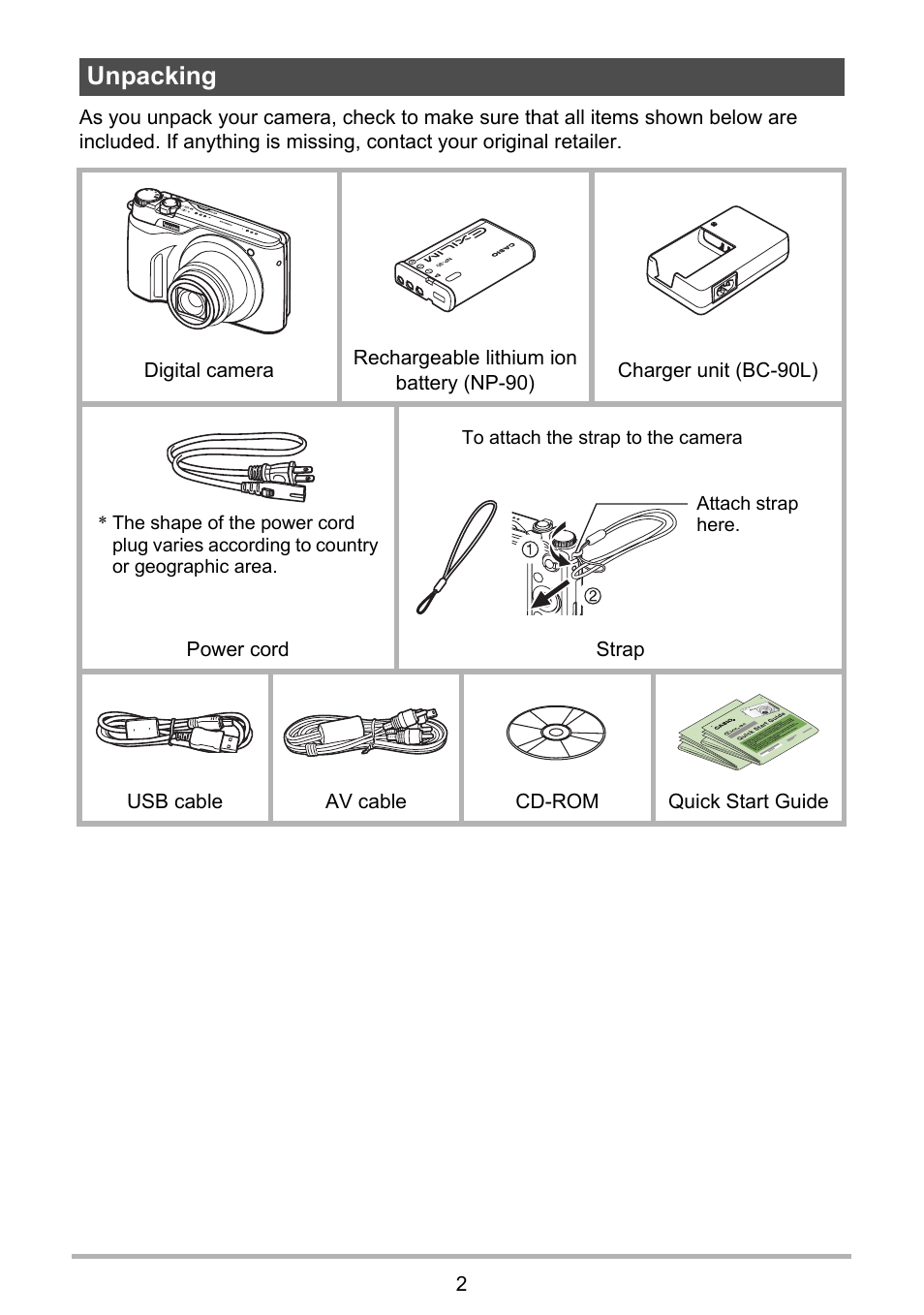 Unpacking | Casio EXILIM EX-FH100 User Manual | Page 2 / 203