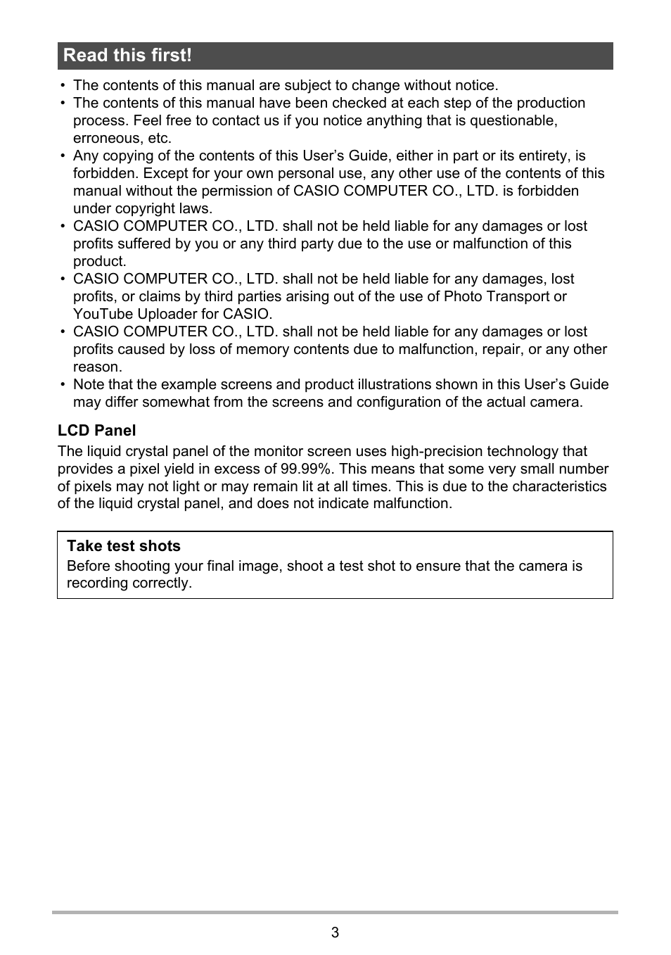 Read this first | Casio EXILIM EX-FH100 User Manual | Page 3 / 203
